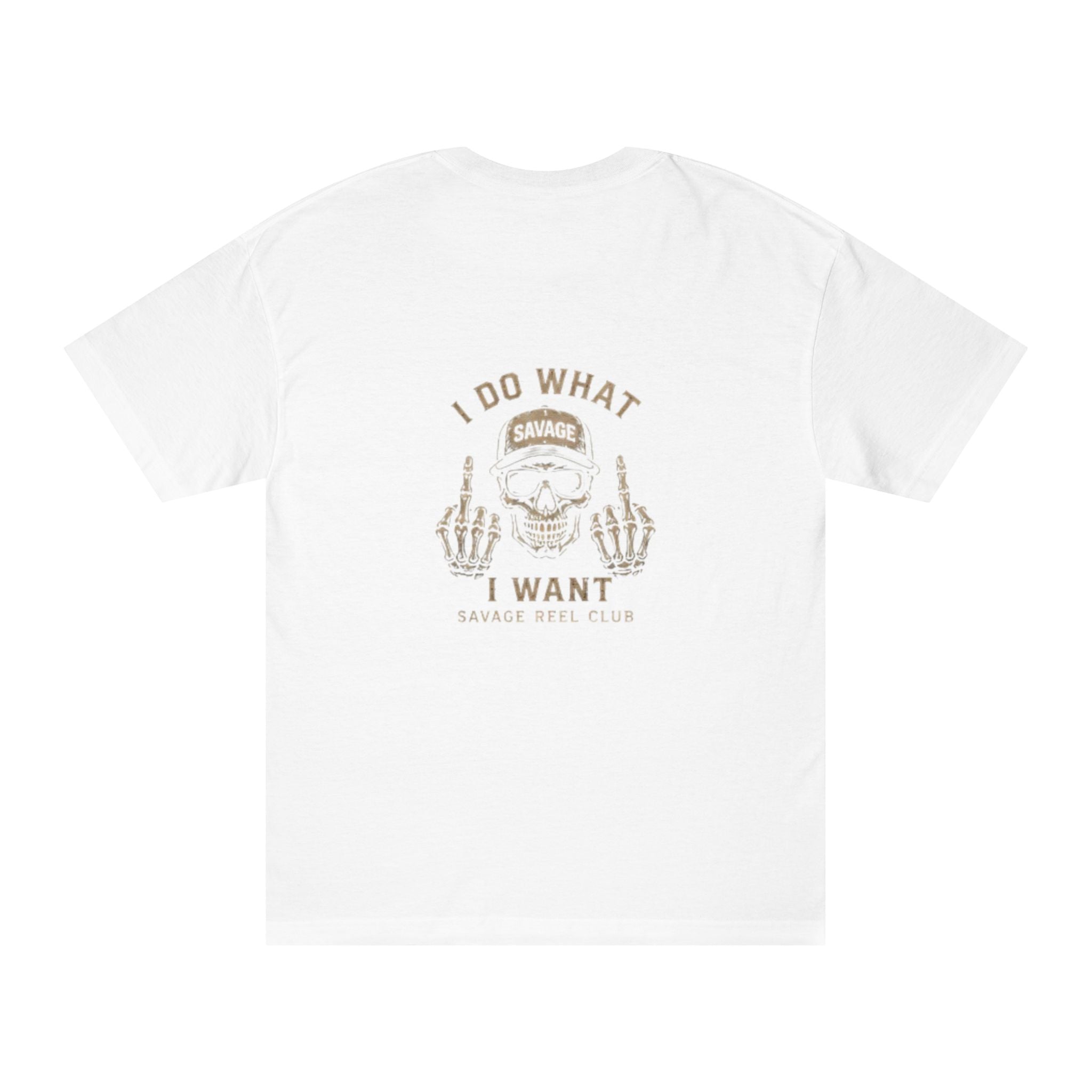Black I Do What I Want T-shirt by Printify featuring a rebellious savage skeleton graphic on the front.