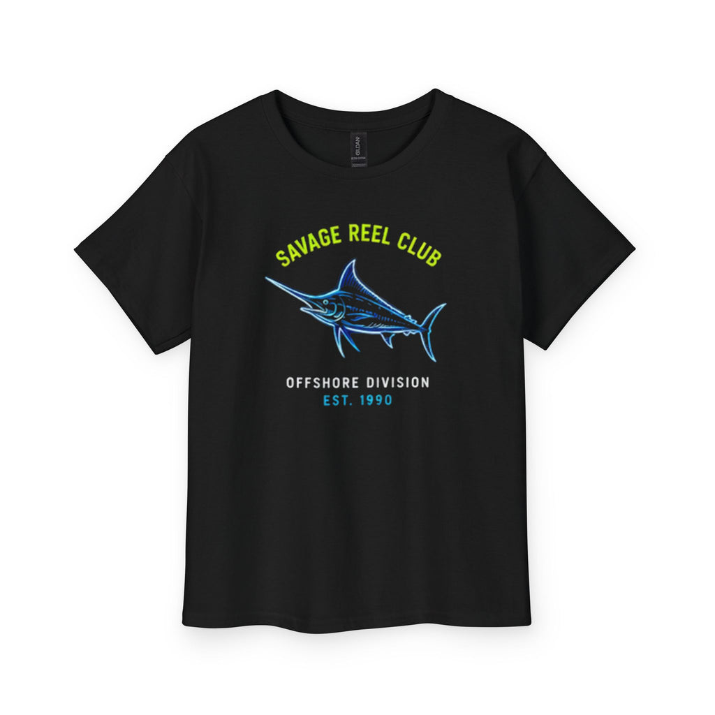 Kids youth T-shirt with "Savage Reel Club" marlin fishing graphic, colorful print on a comfortable cotton tee.