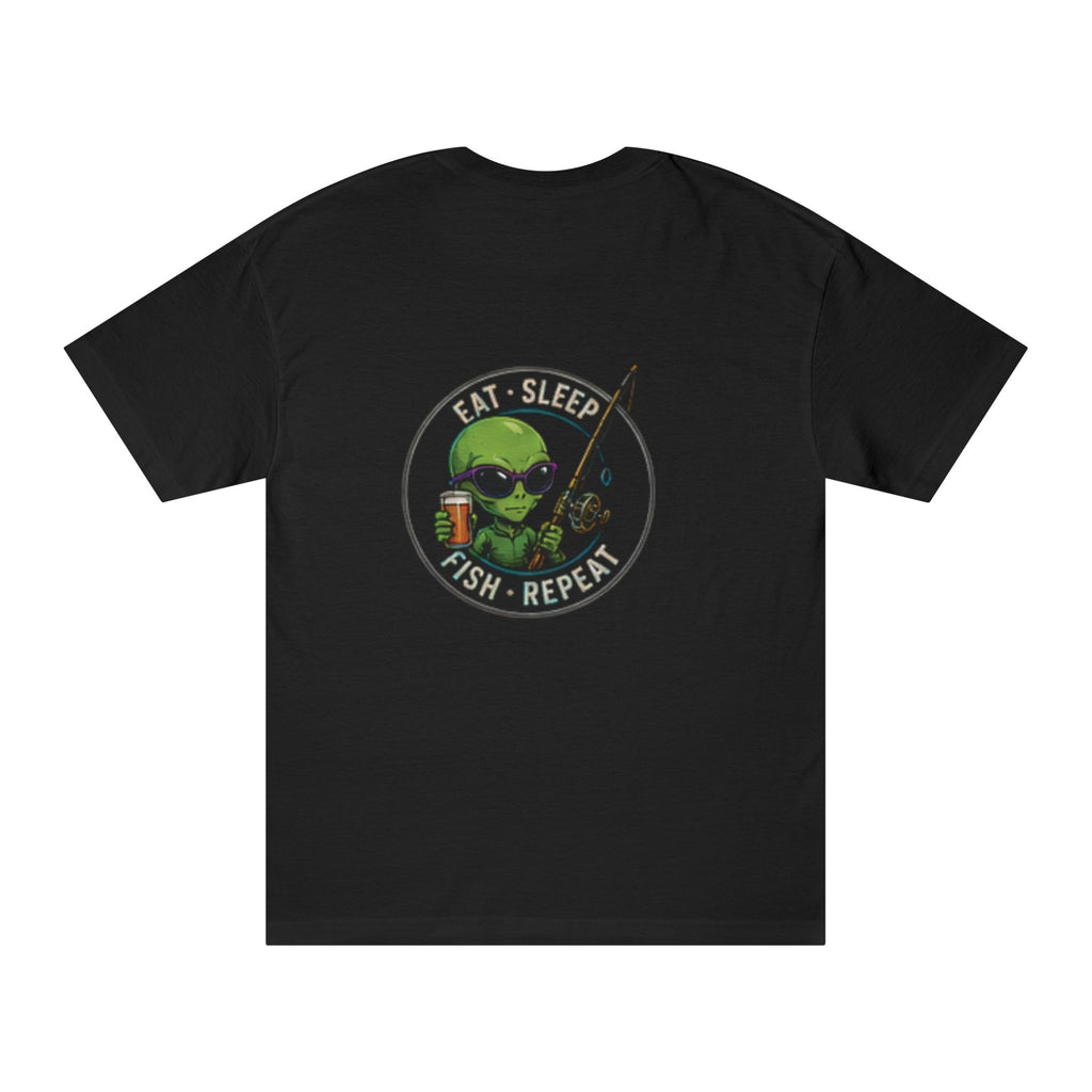 Printify Fishing Alien T-shirt with "Eat Sleep Fish Repeat" graphic, featuring a colorful alien design on a casual men's T-shirt.