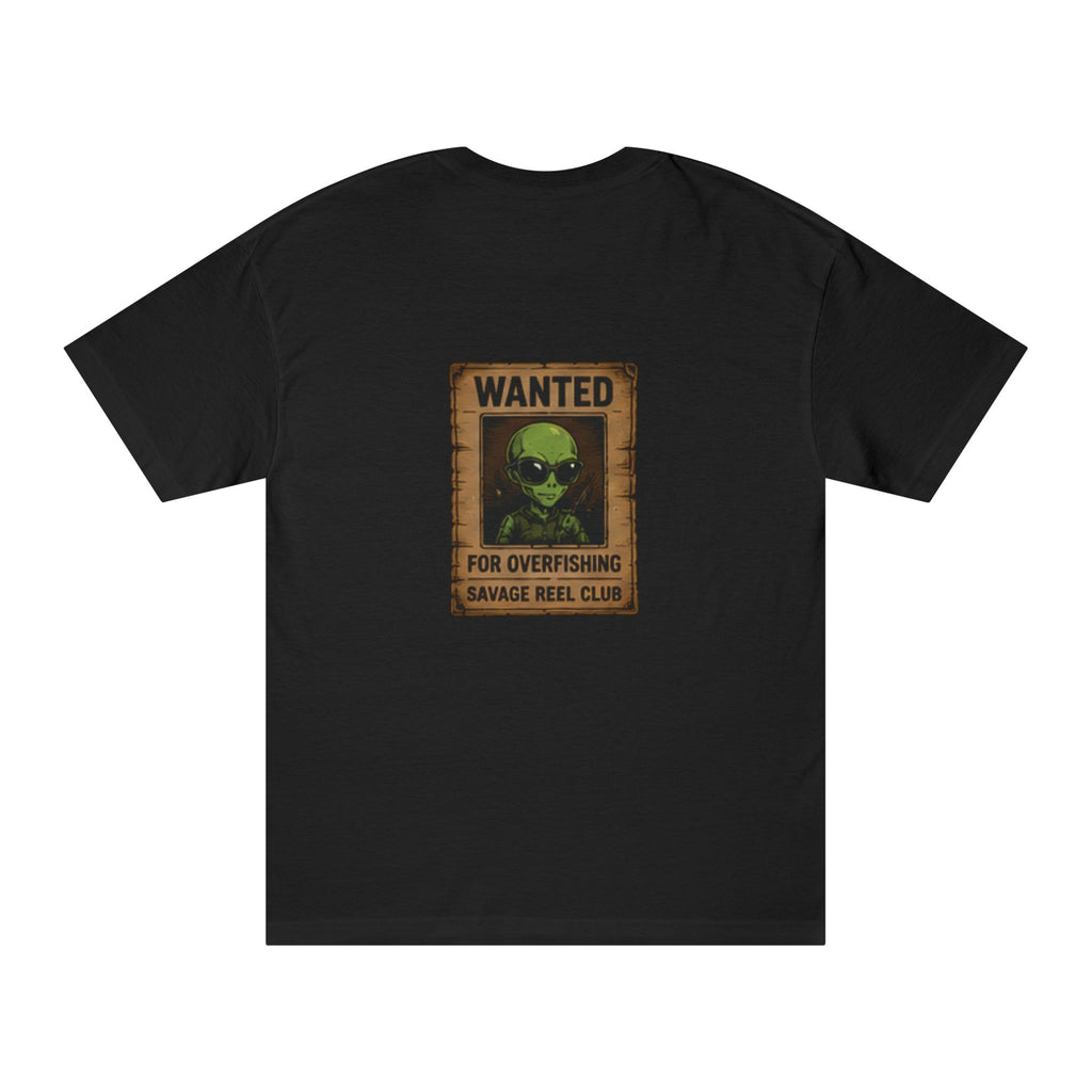 Black T-shirt with "Wanted for Overfishing" alien fishing poster graphic, printed by Printify, featuring a humorous underwater scene.