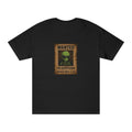 Black T-shirt with "Wanted for Overfishing" alien fishing poster graphic, printed by Printify, featuring a humorous underwater scene.