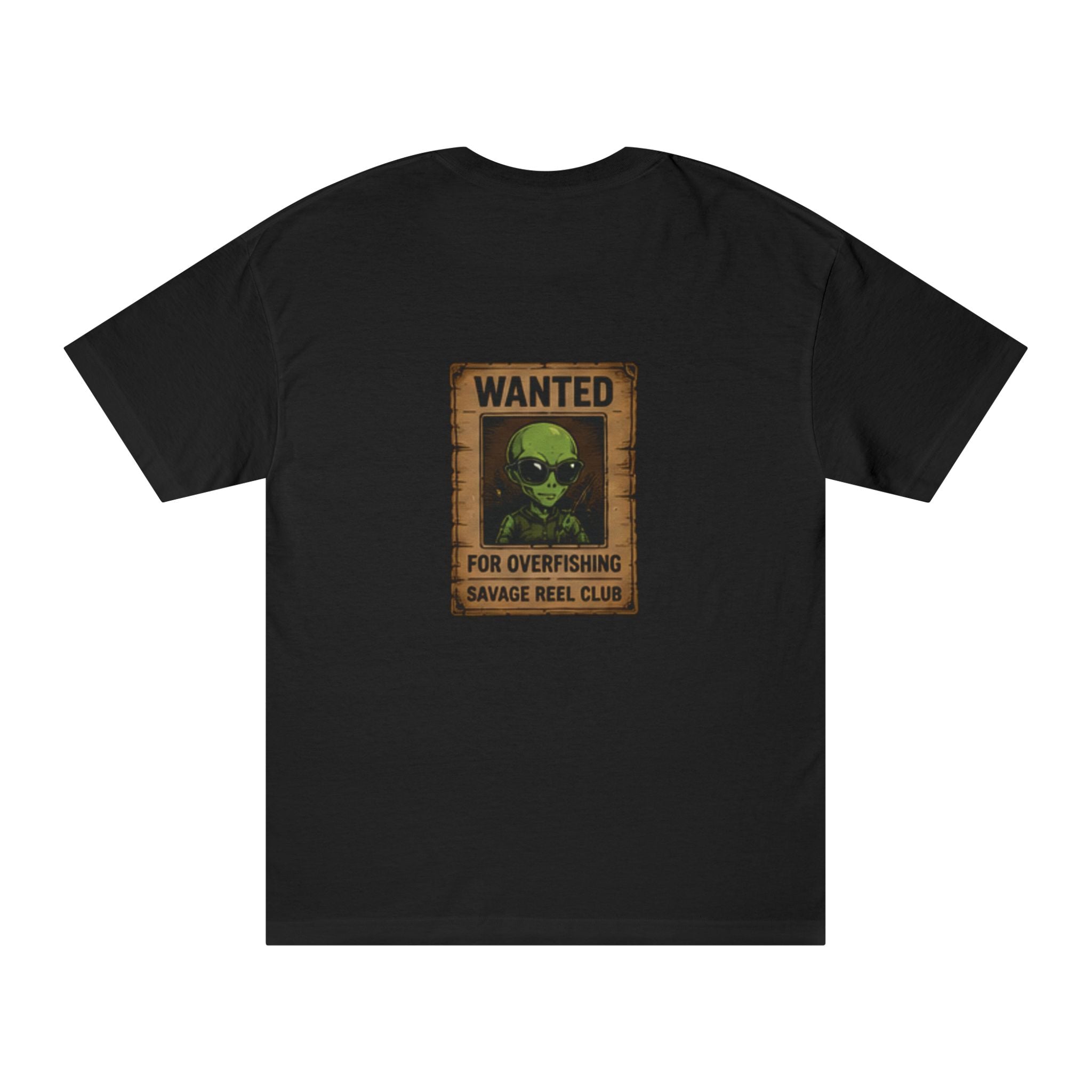 Black T-shirt with "Wanted for Overfishing" alien fishing poster graphic, printed by Printify, featuring a humorous underwater scene.