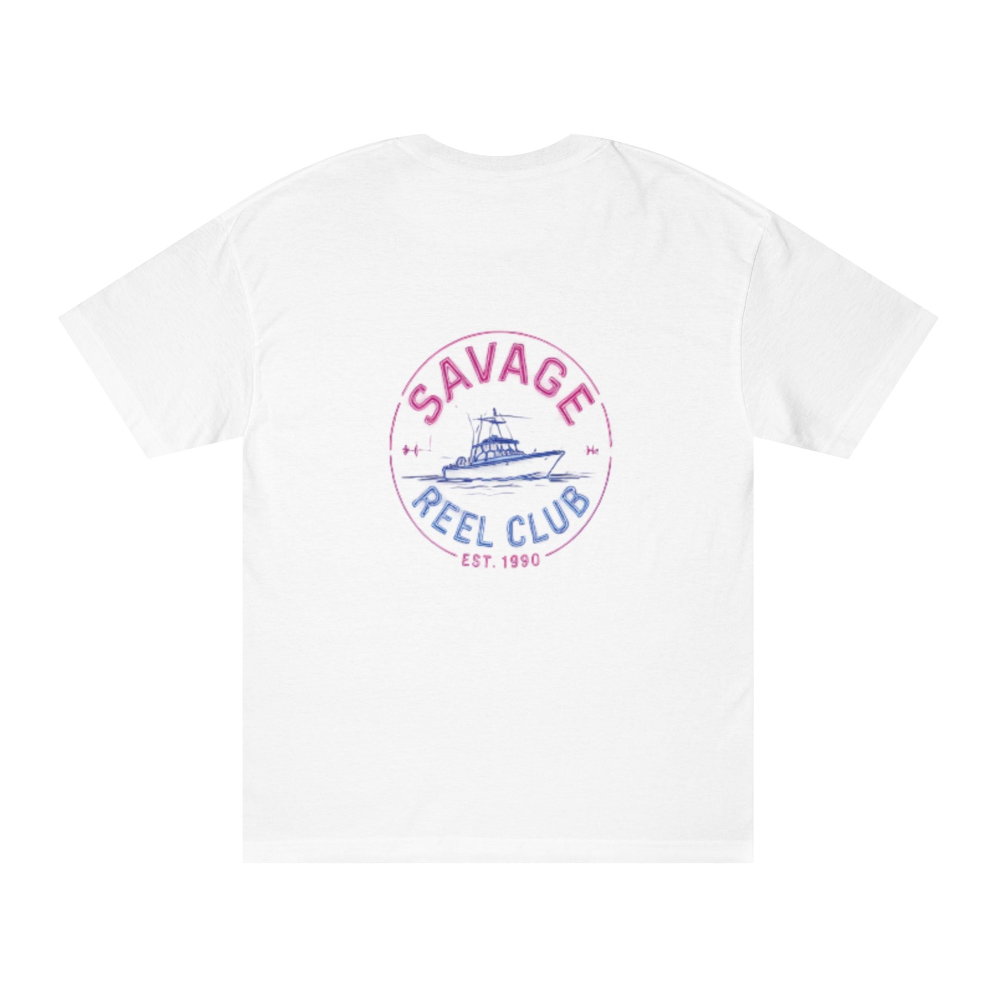 Vintage boat graphic T-shirt from Savage Reel Club Fishing, featuring a classic fishing design on a comfortable printify tee.