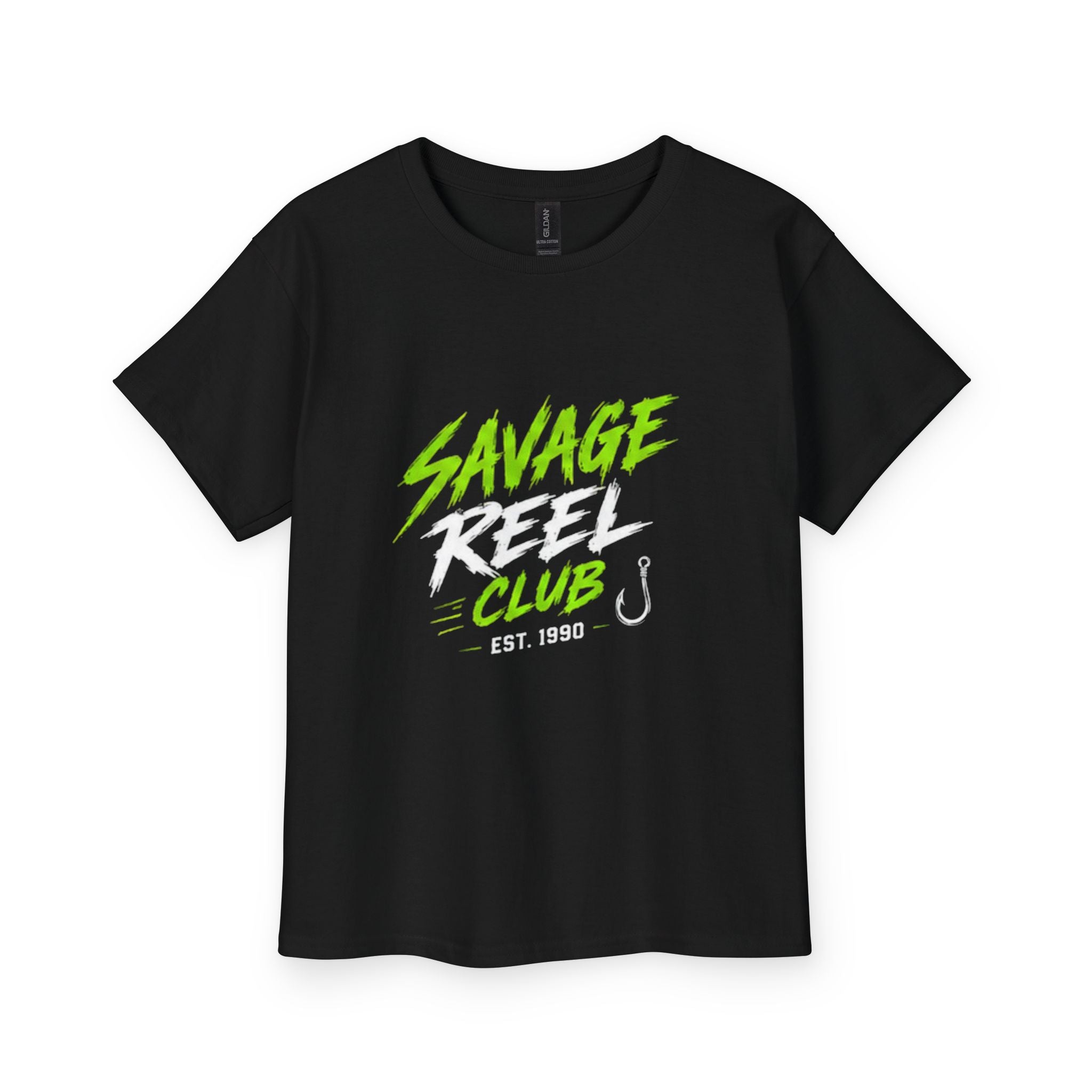 Kids' Savage Reel Club youth fishing tee by Printify featuring a casual design and printed logo, perfect for young anglers.