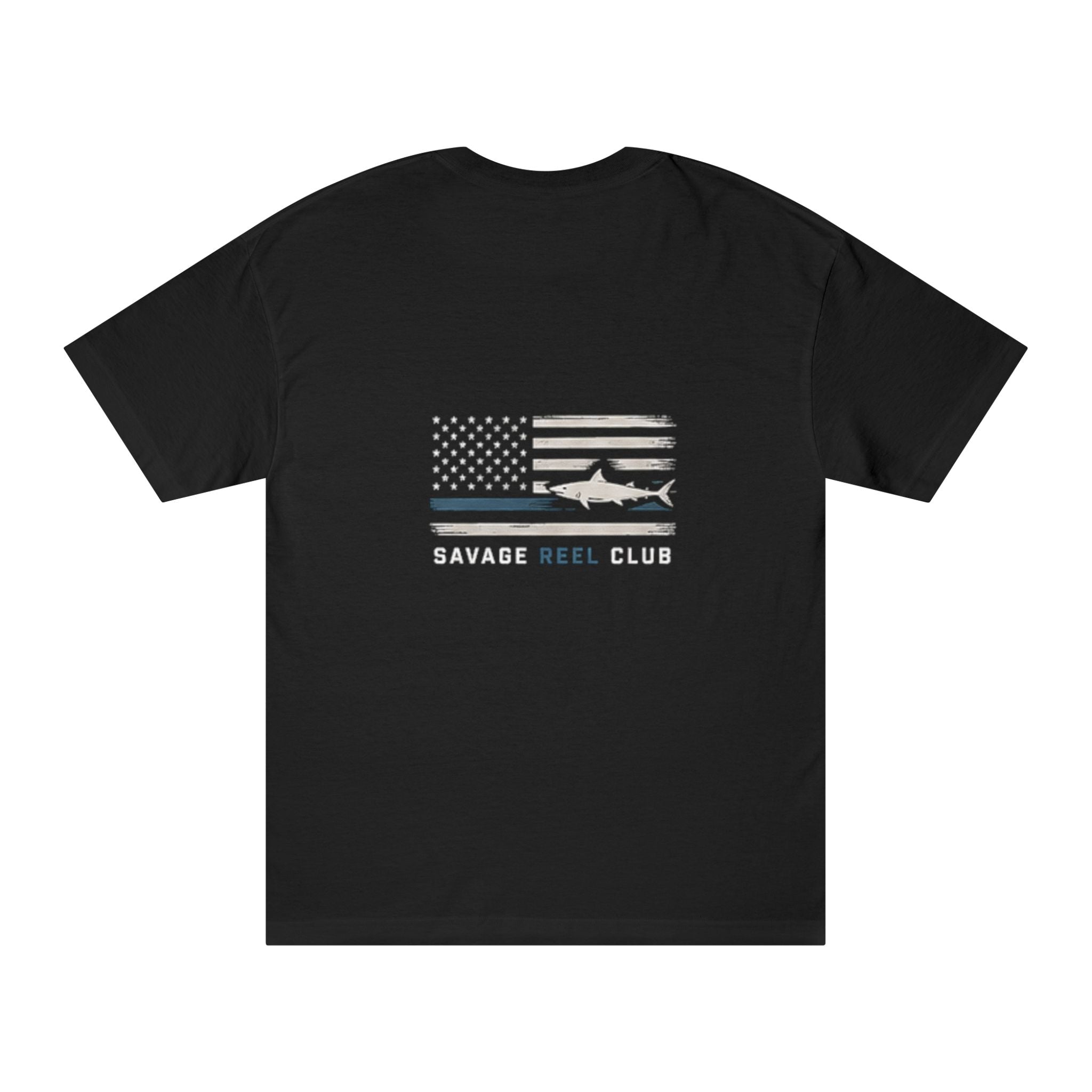 Savage Reel Club American flag saltwater angler T-shirt by Printify, featuring a patriotic design for fishing enthusiasts.
