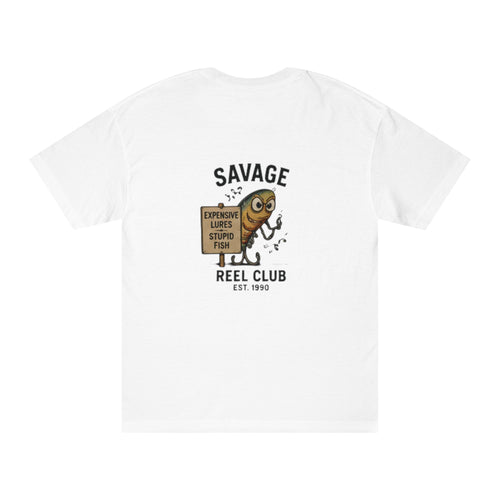 Funny fishing T-shirt with "Savage Reel Club" lure design, featuring vibrant fishing-themed graphics on a casual Printify T-shirt.