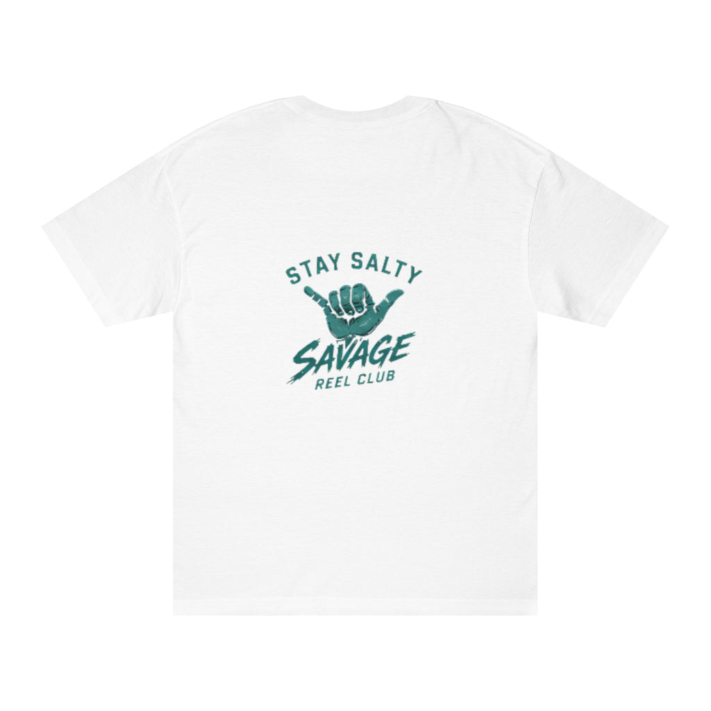 Savage Reel Club "Stay Salty" fishing graphic T-shirt by Printify, showing a colorful fishing shaka design on a casual tee.