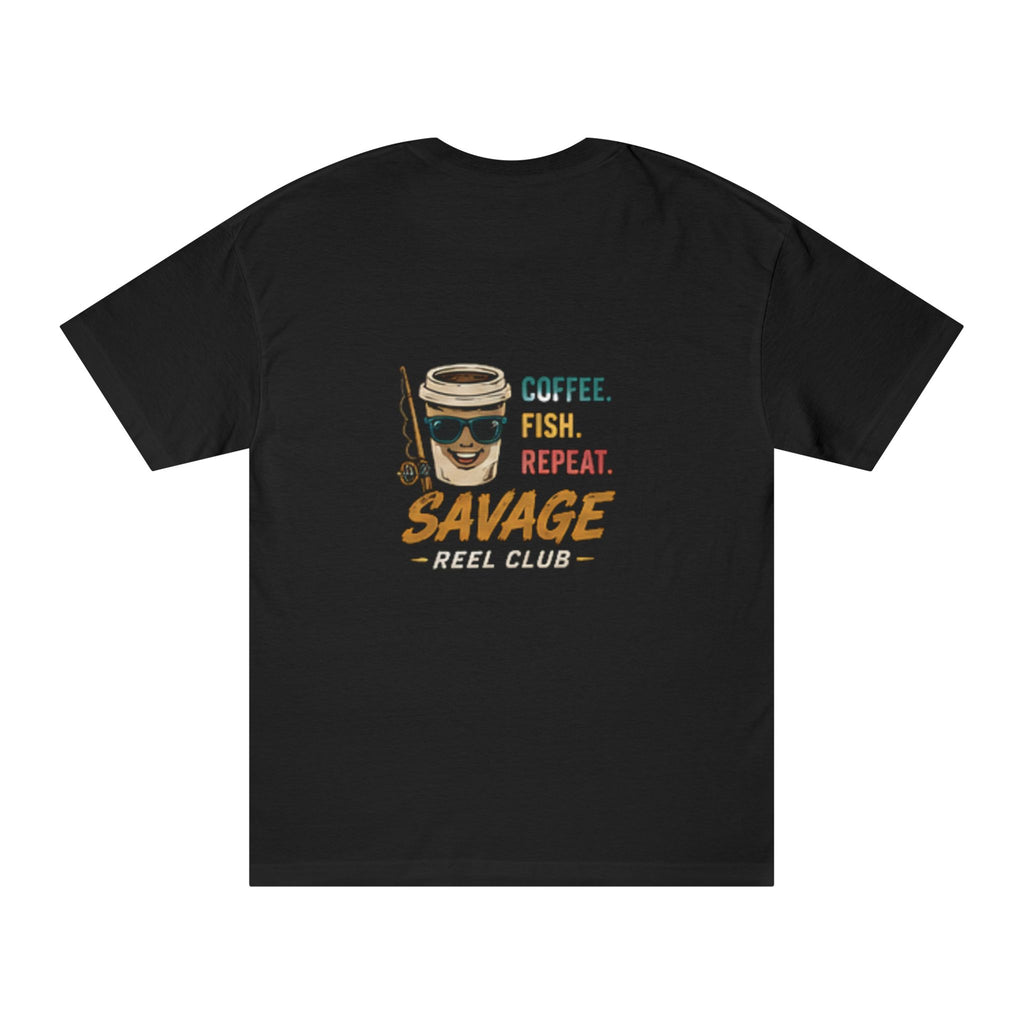 Men's fishing graphic T-shirt featuring "Coffee. Fish. Repeat. Savage" print, casual cotton tee for fishing enthusiasts.