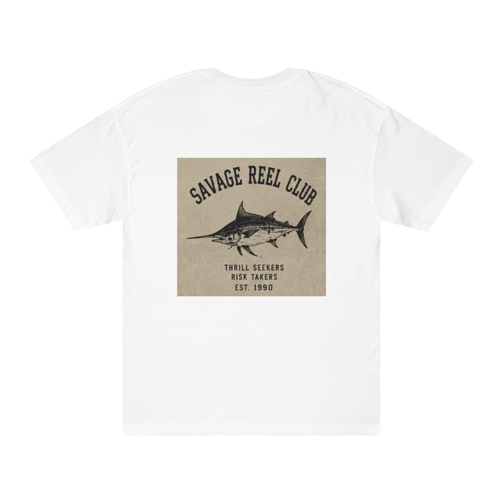 Men's fishing T-shirt with "Savage Reel Club" marlin graphic, casual short-sleeve shirt by Printify featuring vibrant fish print.