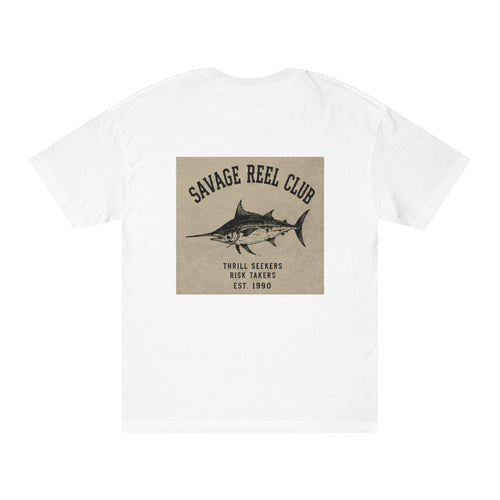 Men's fishing T-shirt with "Savage Reel Club" marlin graphic, casual short-sleeve shirt by Printify featuring vibrant fish print.