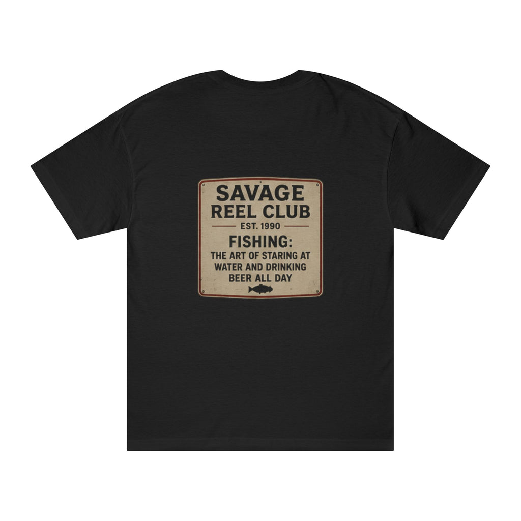 Vintage-style fishing T-shirt featuring the "Savage Reel Club" logo, with bold graphic design on a comfortable cotton tee.