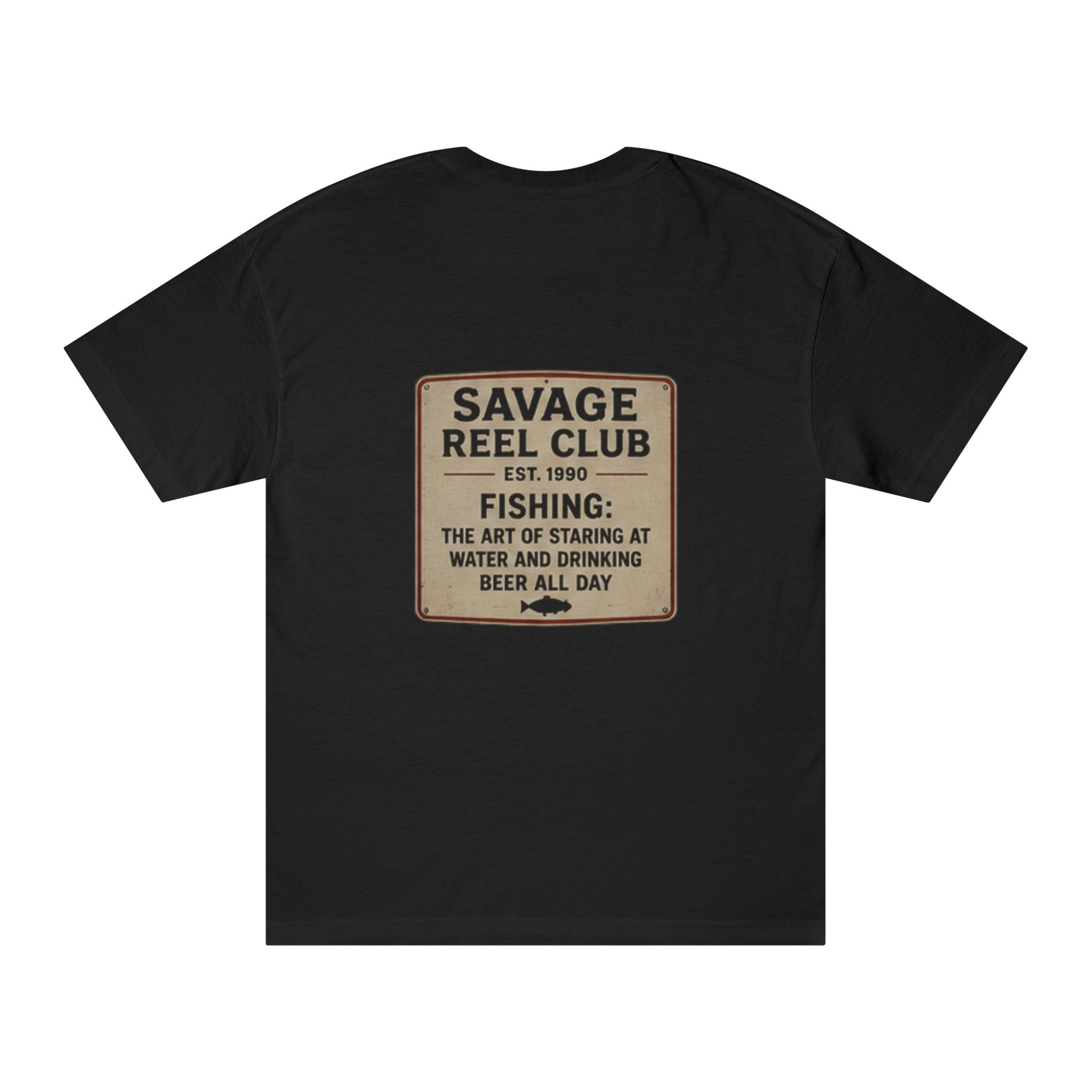 Vintage-style fishing T-shirt featuring the "Savage Reel Club" logo, with bold graphic design on a comfortable cotton tee.
