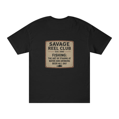 Vintage-style fishing T-shirt featuring the "Savage Reel Club" logo, with bold graphic design on a comfortable cotton tee.