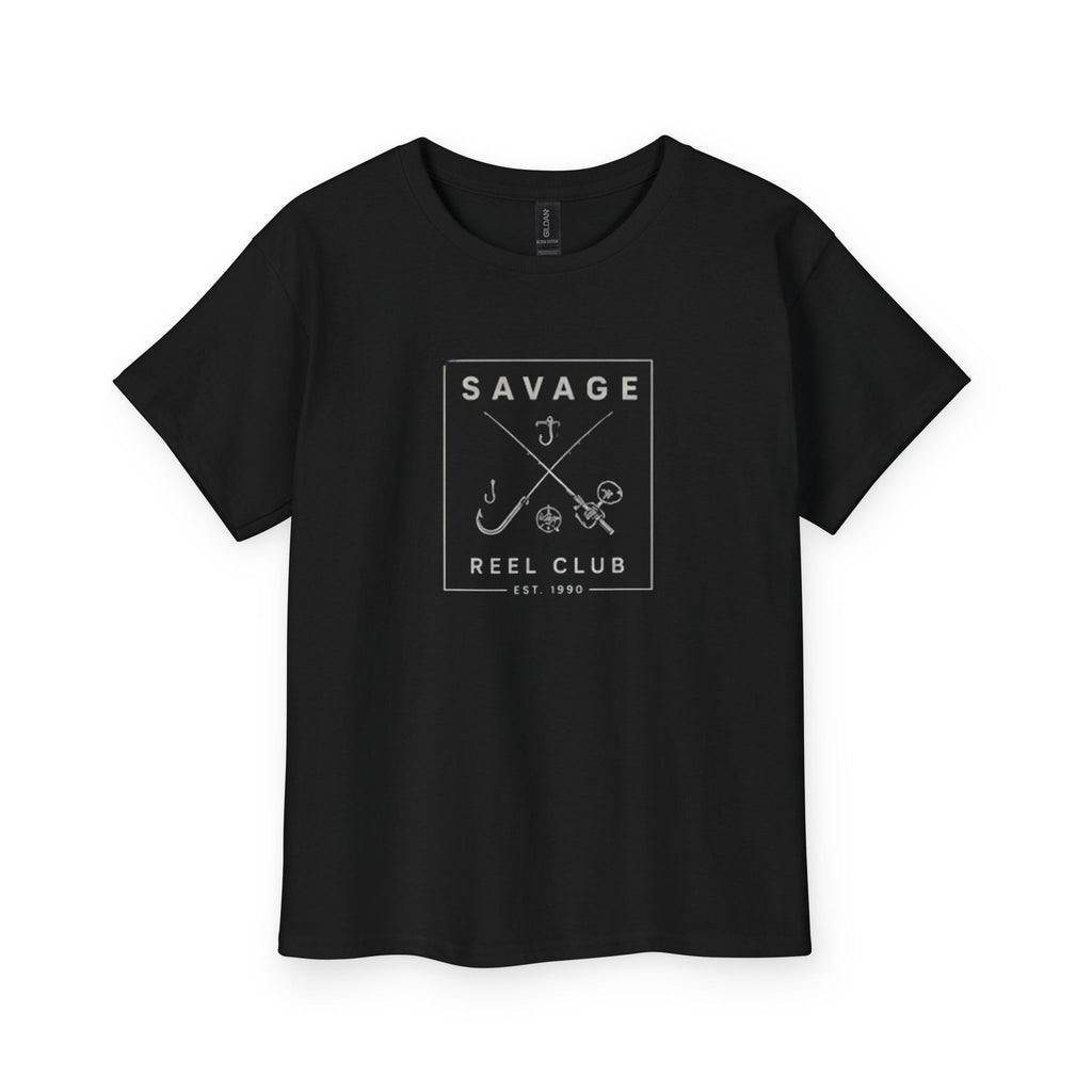 Kids' Savage Reel Club Fishing Hooks T-Shirt by Printify, featuring a colorful fishing hooks design on a comfortable youth tee.