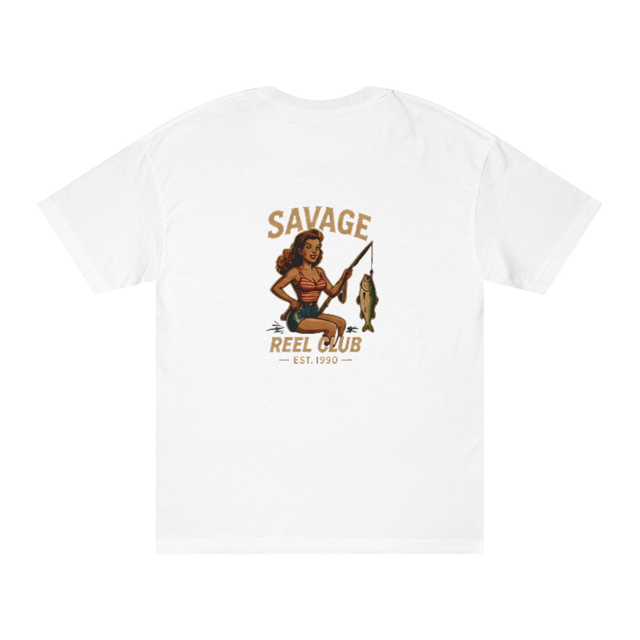 Vintage fishing pinup print on Printify Savage Reel Club T-shirt, casual crew neck tee with retro fishing design.