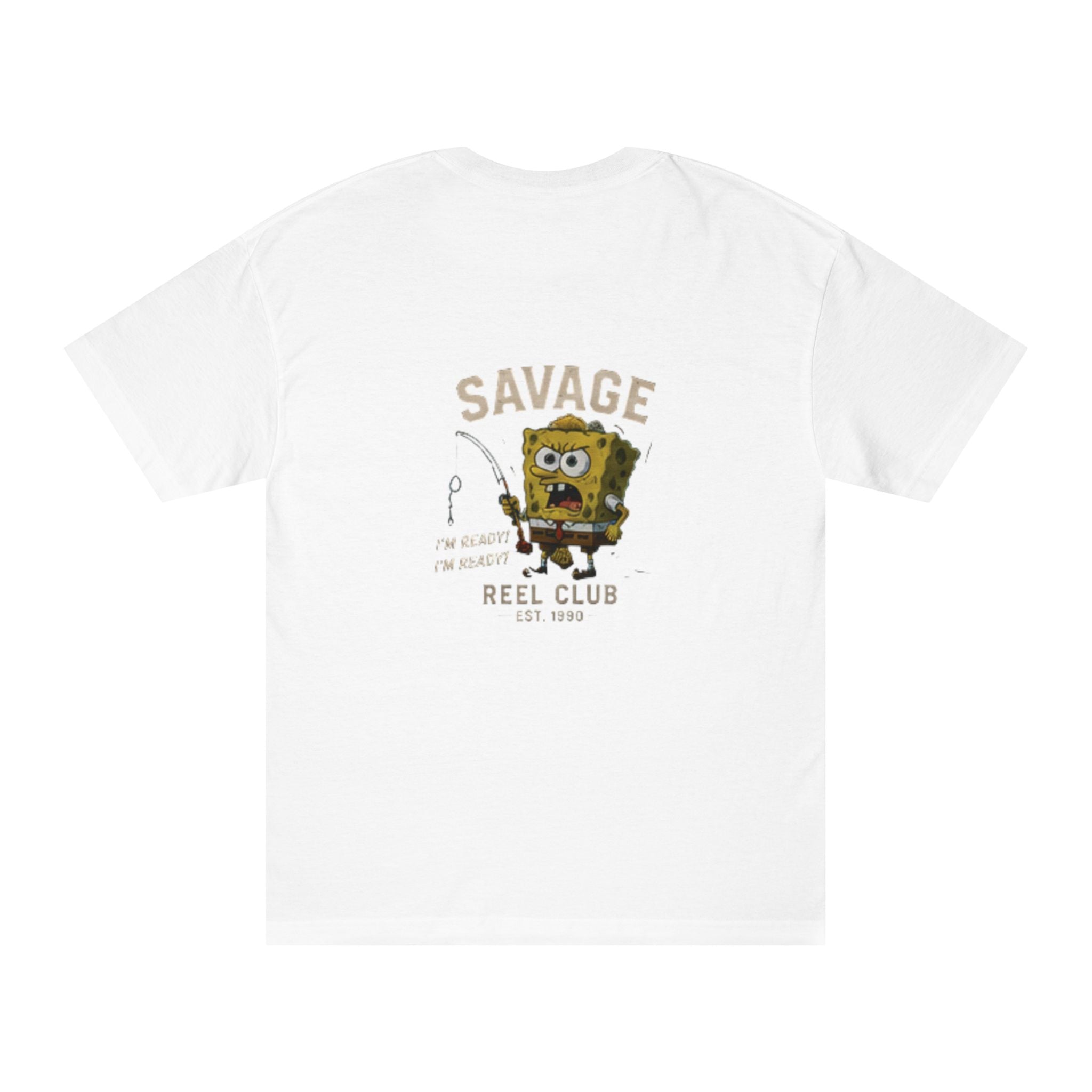 SpongeBob "Savage Reel Club" fishing graphic T-shirt by Printify featuring a colorful underwater fishing scene.
