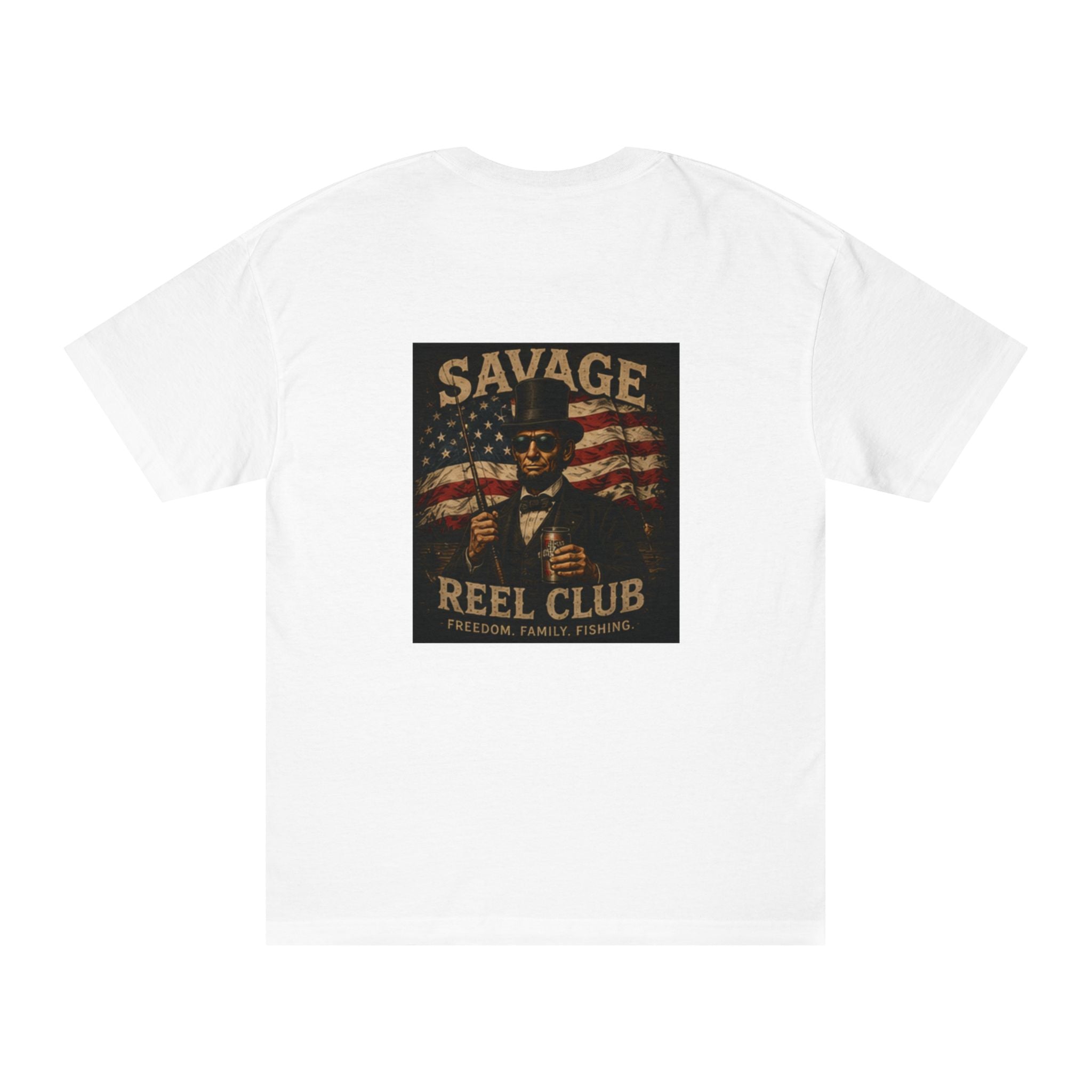 Vintage-inspired graphic T-shirt by Printify featuring a patriotic fishing reel design for outdoor and fishing enthusiasts.