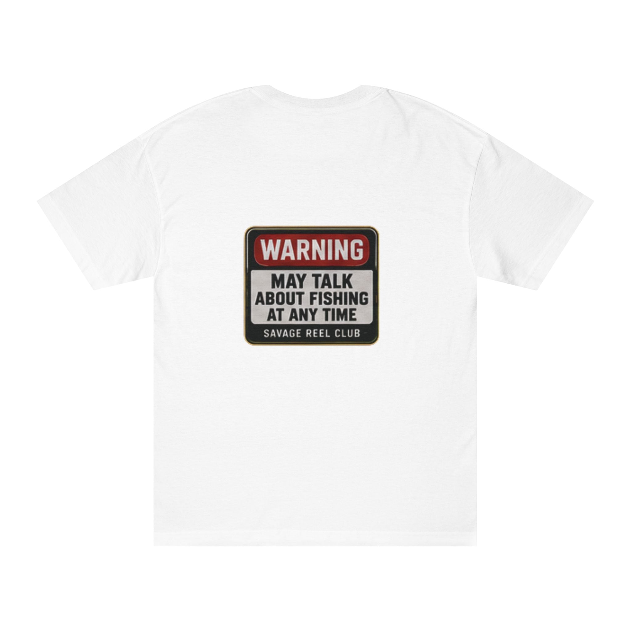 Gray fishing warning graphic T-shirt by Printify featuring text: "Warning: May Talk About Fishing At Any Time" on the front.