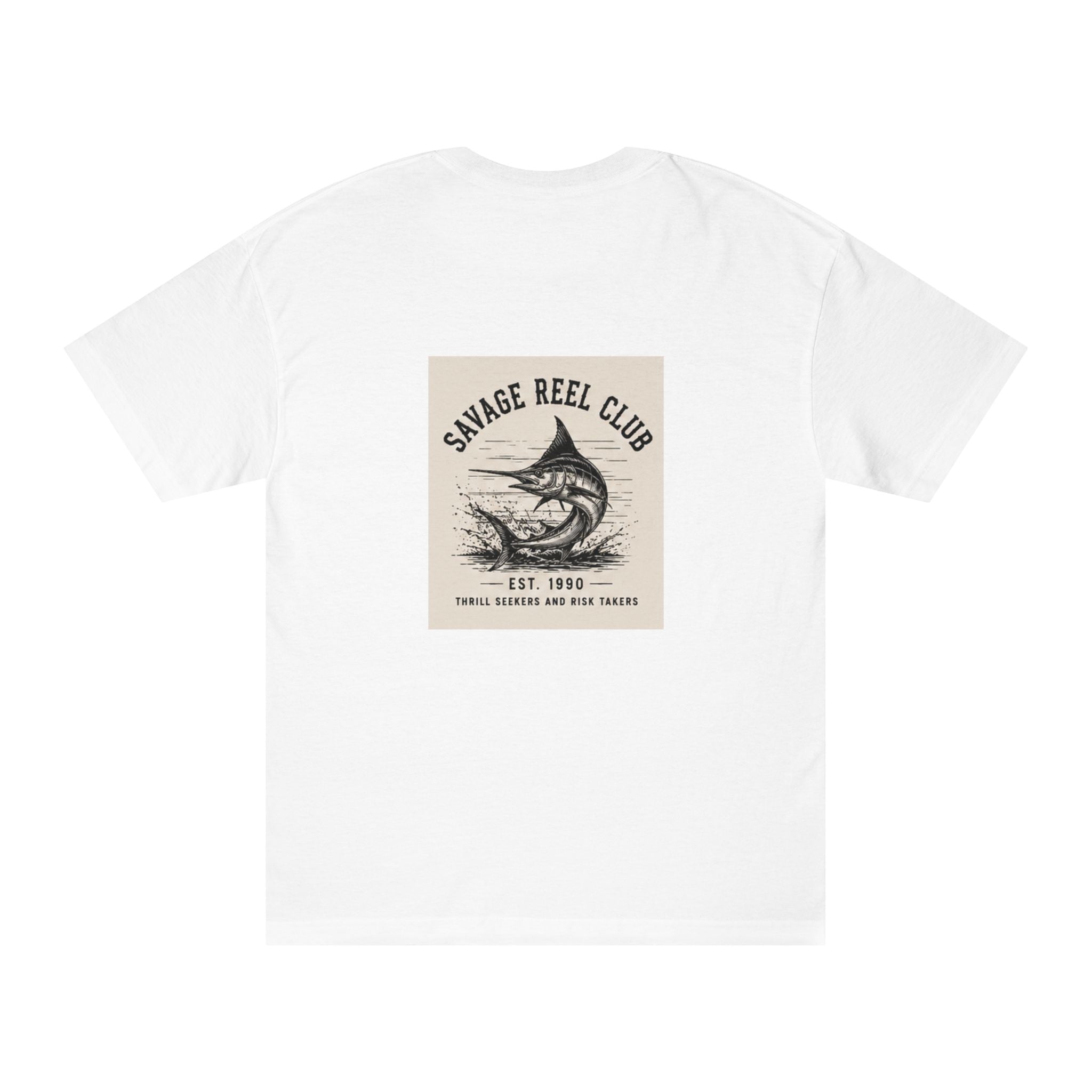 Marlin vintage graphic T-shirt from Savage Reel Club featuring a colorful fishing design on a casual tee.
