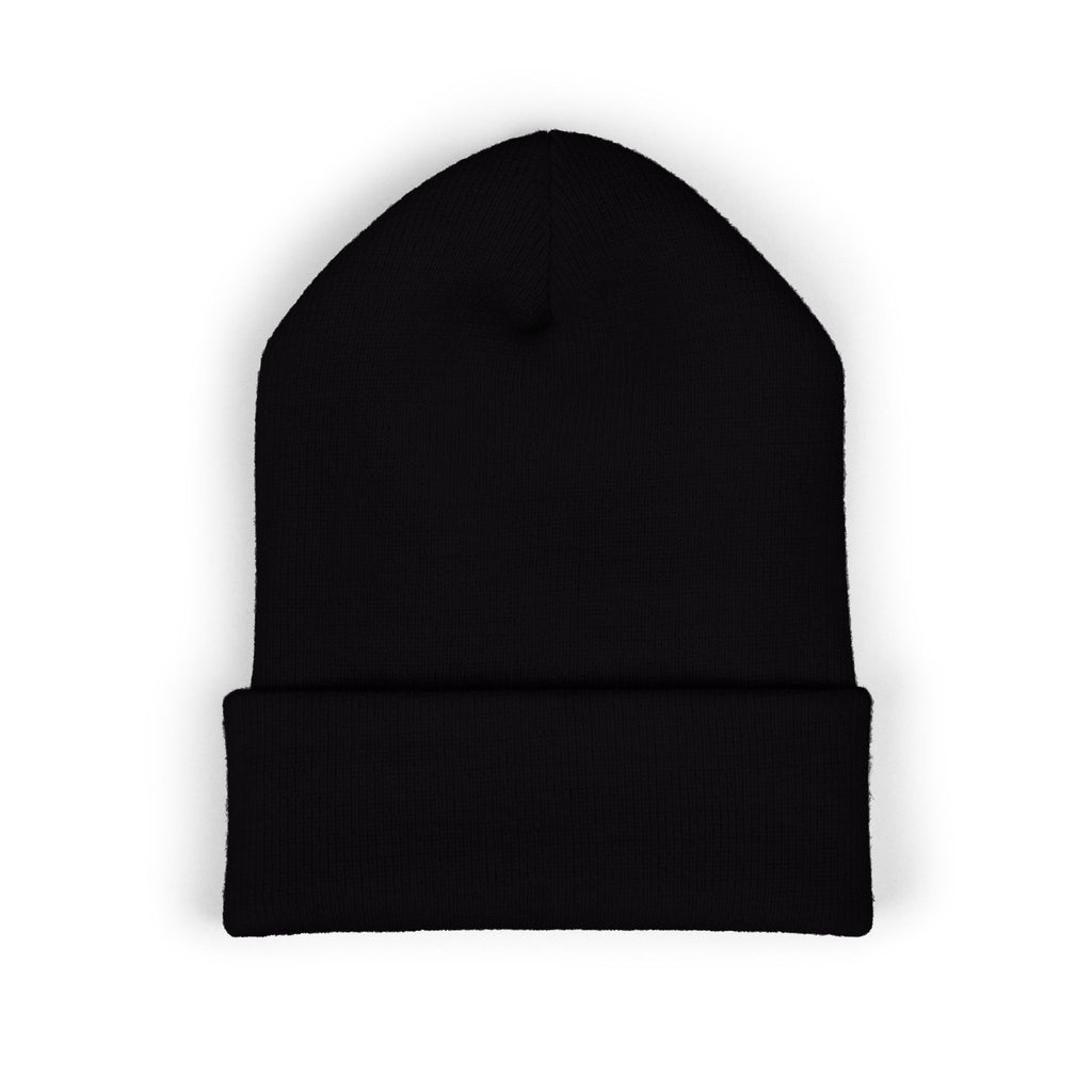 Printify Savage Reel Club cuffed beanie in classic black knit hat, showing a cozy, stylish hat with a folded brim.
