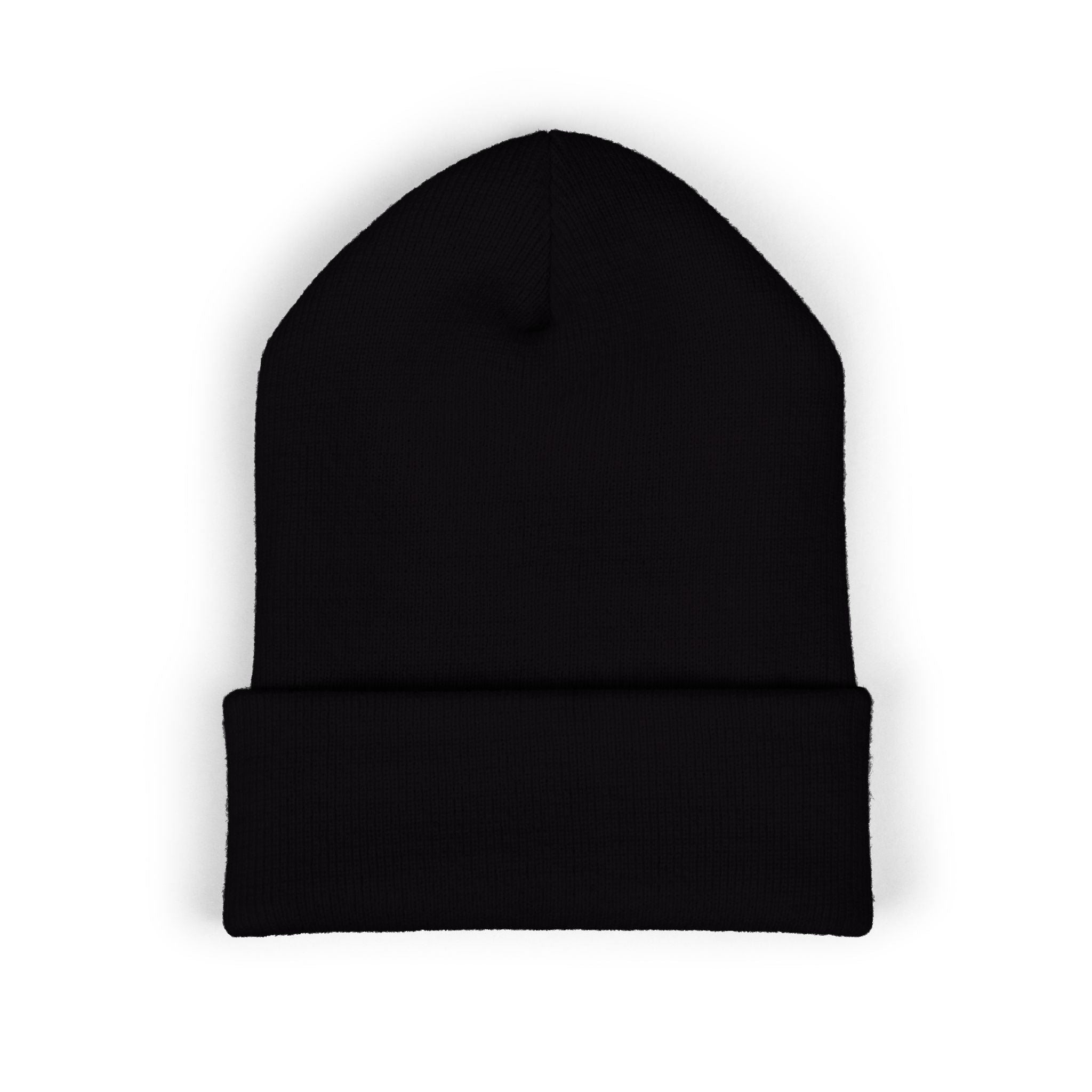 Printify Savage Reel Club cuffed beanie in classic black knit hat, showing a cozy, stylish hat with a folded brim.