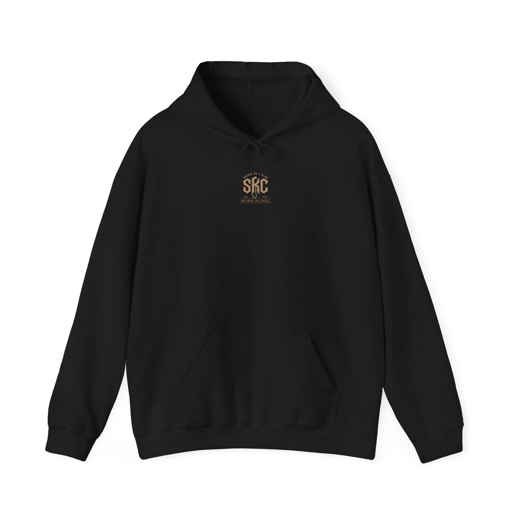 Black Savage Reel Club hoodie with fishing skull logo on front, cozy pullover made by Printify, suitable for casual wear.