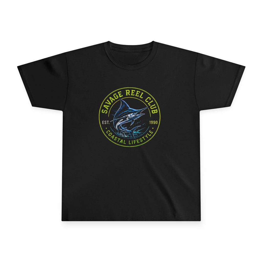 Kids Savage Reel Club Marlin Tee by Printify featuring a colorful marlin graphic on a casual kids' T-shirt.