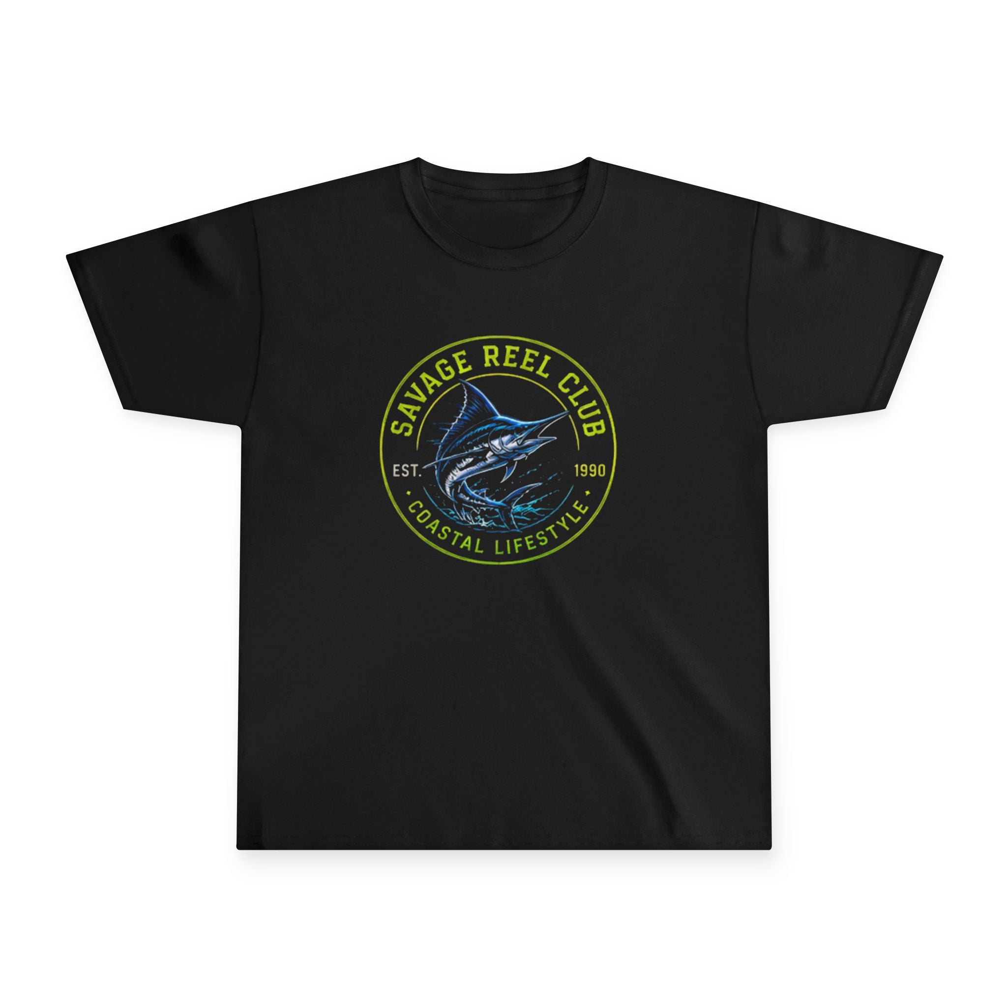 Kids Savage Reel Club Marlin Tee by Printify featuring a colorful marlin graphic on a casual kids' T-shirt.