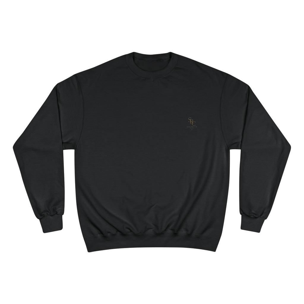 Vintage Savage Reel Club fishing sweatshirt with retro palm sunset design, crewneck style by Champion on Printify.