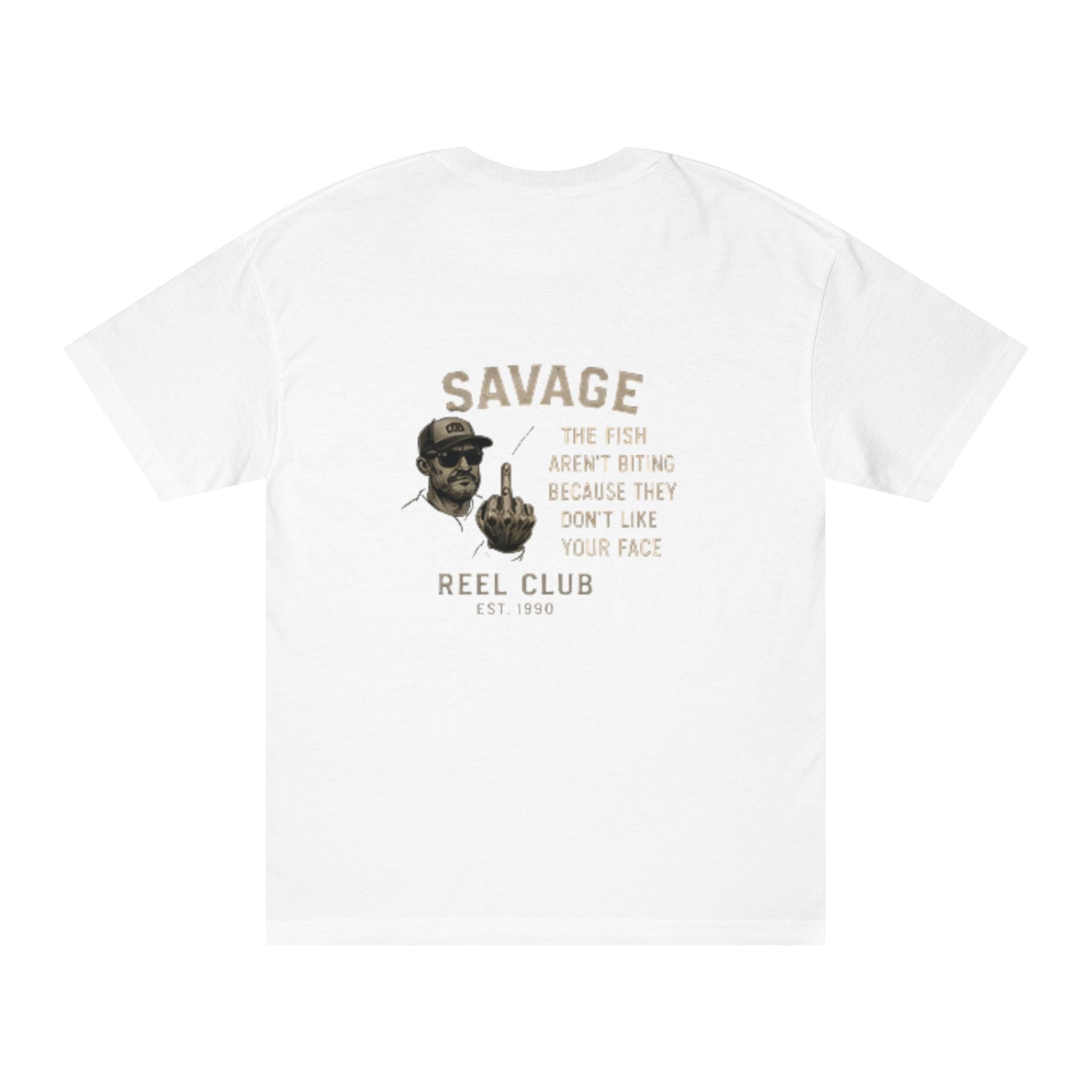 Fishing T-shirt with "Savage Reel Club" graphic design, casual men's tee from Printify featuring fishing-themed artwork.