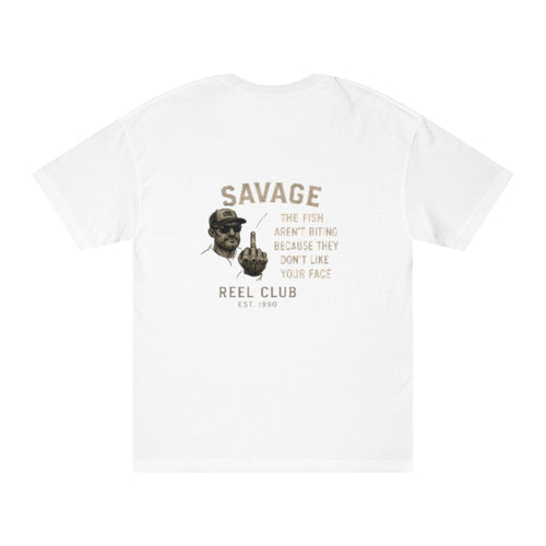 Fishing T-shirt with "Savage Reel Club" graphic design, casual men's tee from Printify featuring fishing-themed artwork.