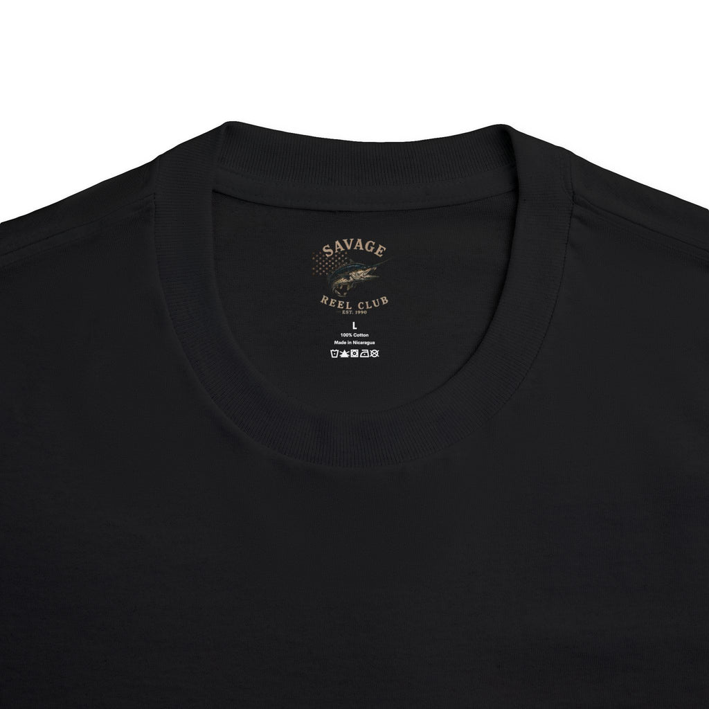 Men's fishing T-shirt featuring a marlin graphic and "Savage Reel Club" print, made by Printify, casual fishing apparel.