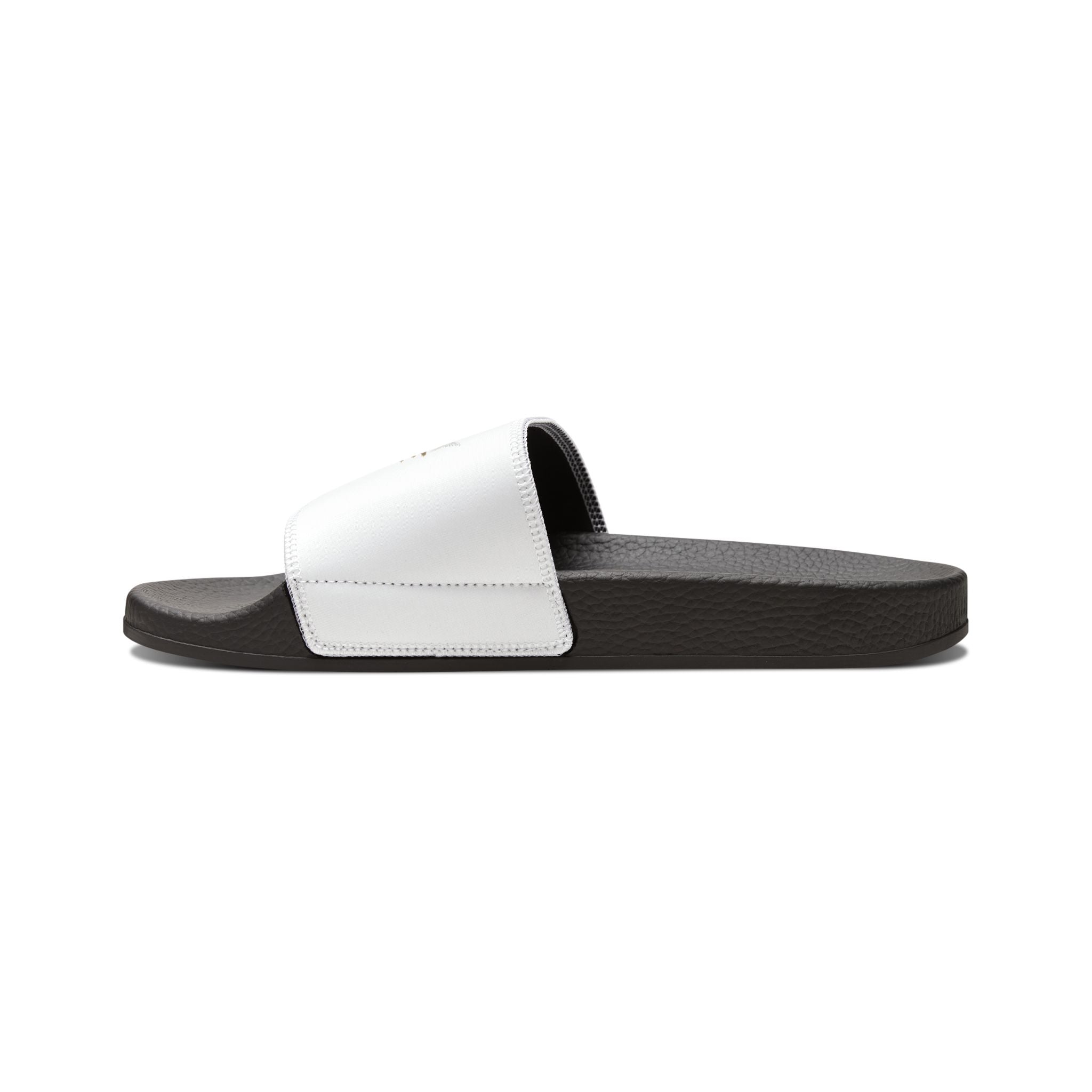 White slide sandals with removable straps, branded as 'SAVAGE,' designed for pool and casual wear by Printify.