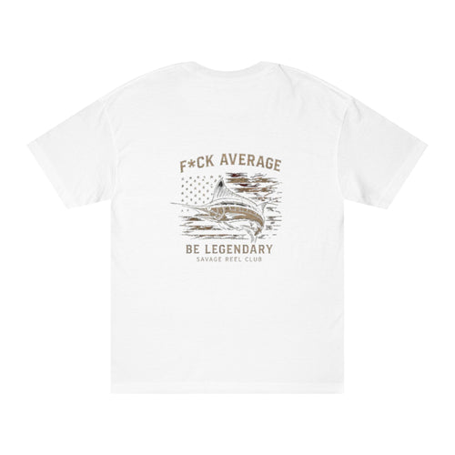 Printify Be Legendary motivational graphic T-shirt featuring bold "F*ck Average" slogan on a casual cotton tee.