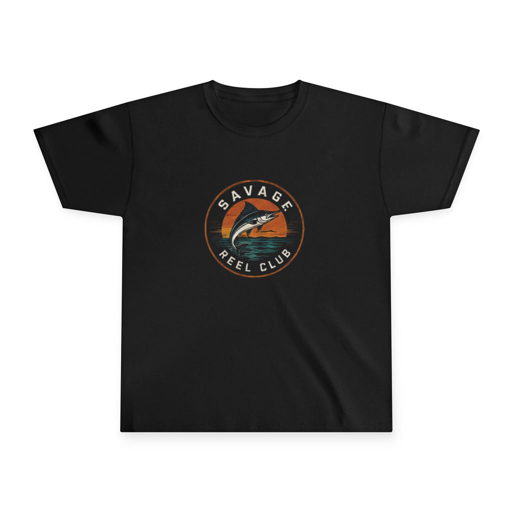 Kids' Savage Reel Club Youth T-Shirt featuring a retro fishing marlin design, made by Printify, in vibrant colors.