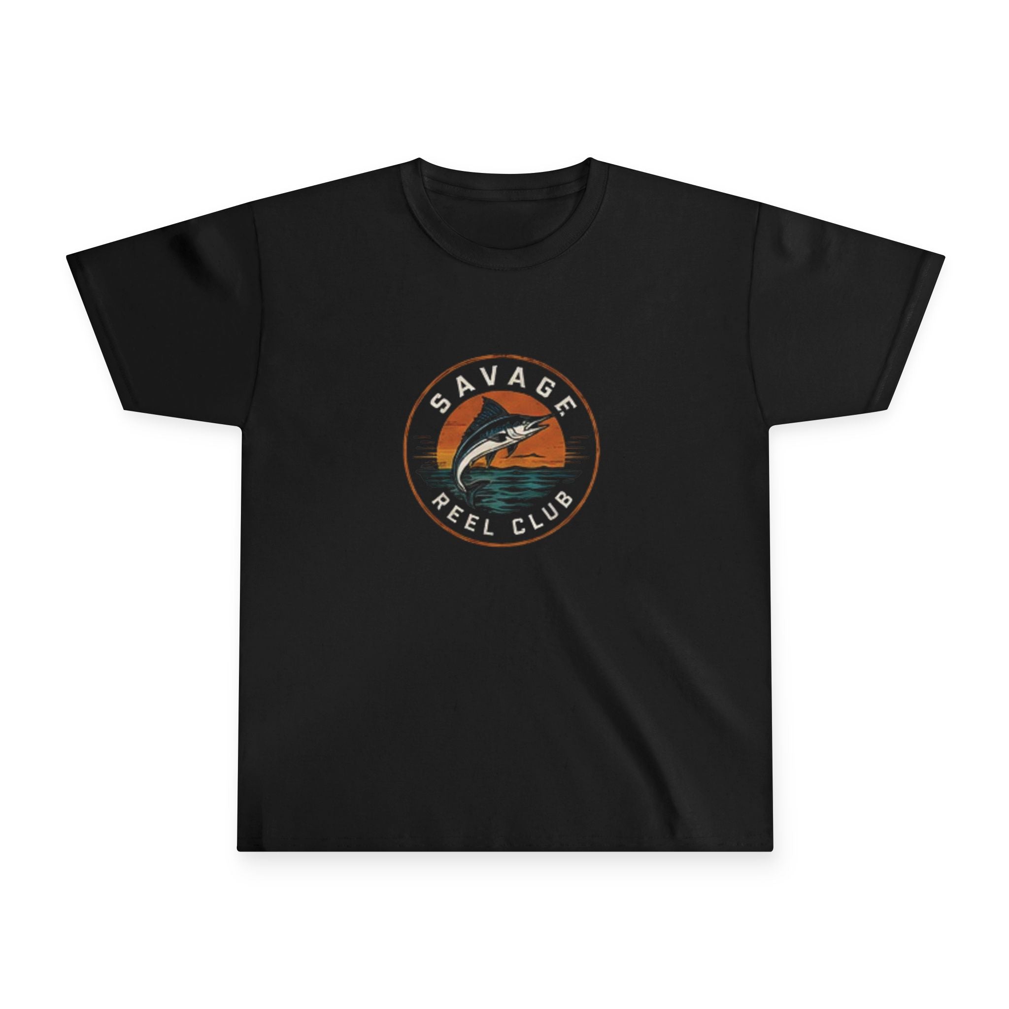Kids' Savage Reel Club Youth T-Shirt featuring a retro fishing marlin design, made by Printify, in vibrant colors.