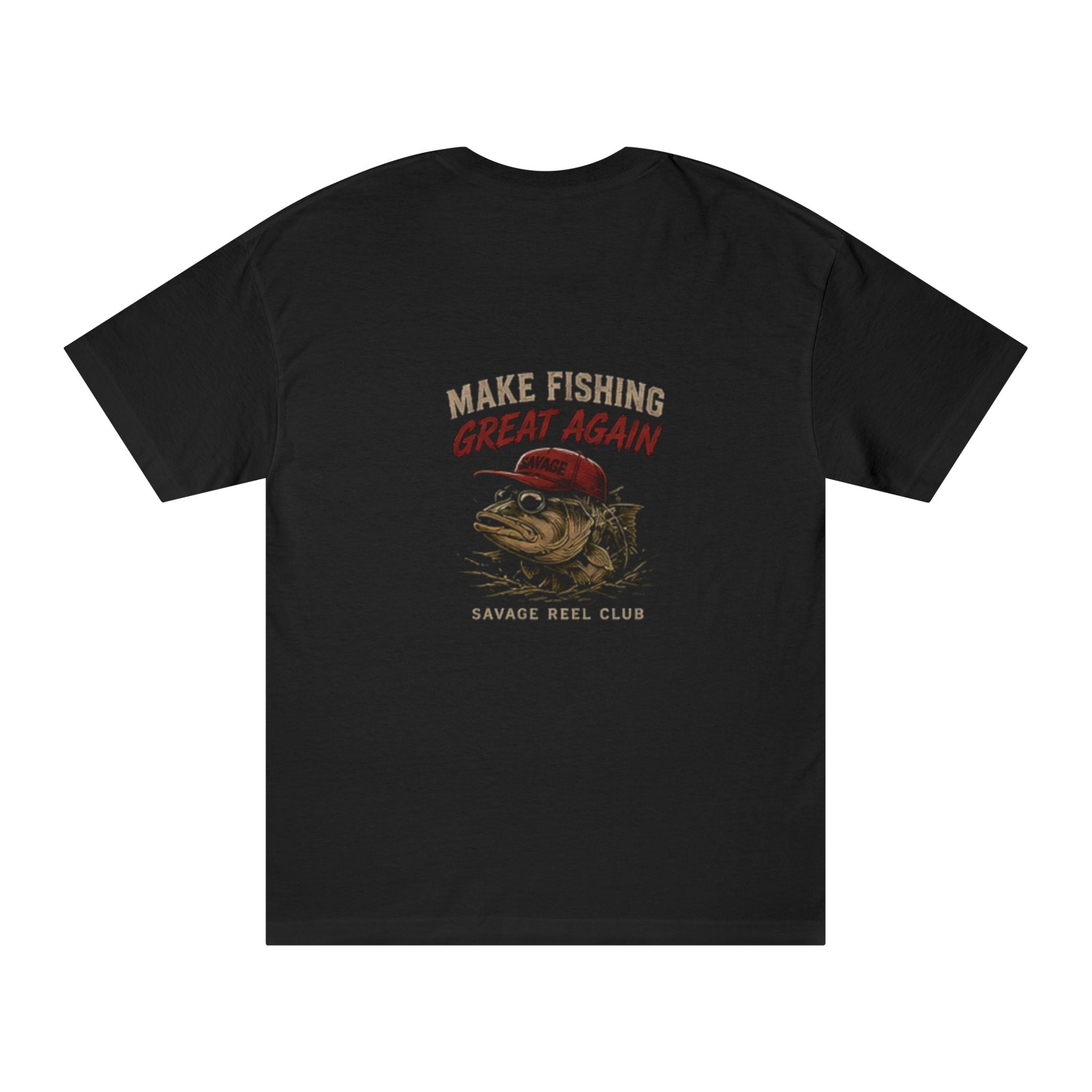 Vintage Bass Fishing T-Shirt featuring "Make Fishing Great Again" slogan, classic design, and comfortable fabric by Printify.