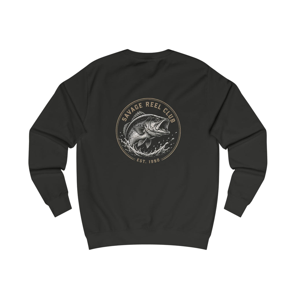 Retro Walleye graphic crewneck sweatshirt by Printify featuring Savage Reel Club fishing design on a comfortable crewneck.