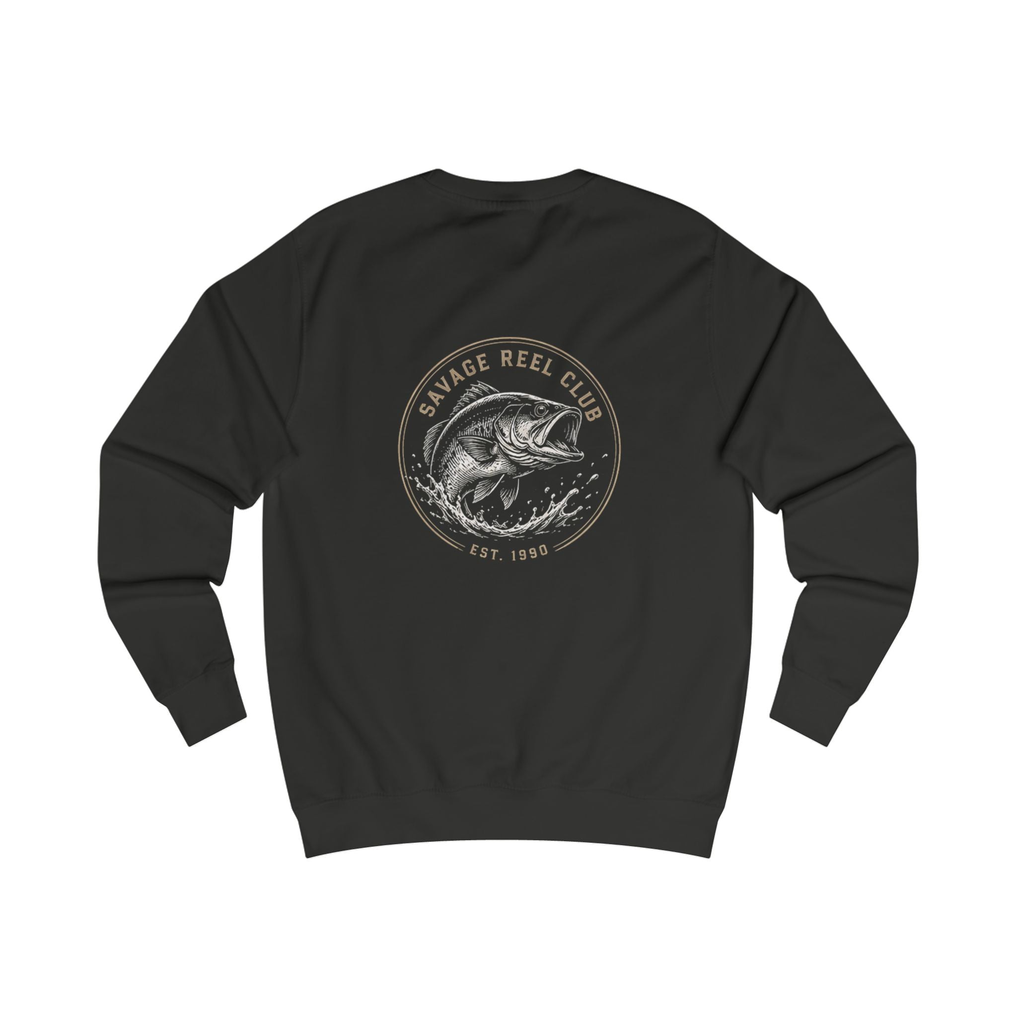 Retro Walleye graphic crewneck sweatshirt by Printify featuring Savage Reel Club fishing design on a comfortable crewneck.