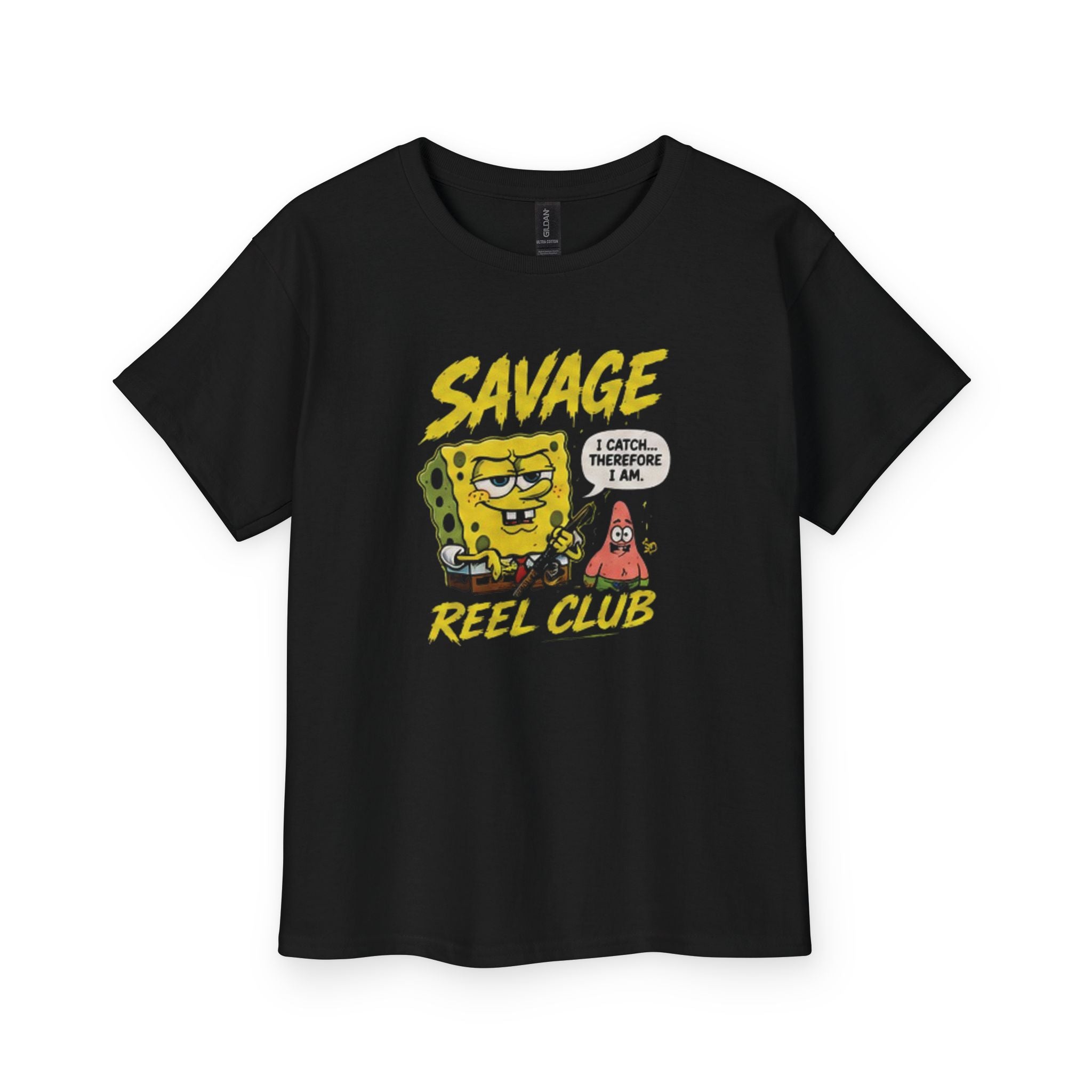 Kids' Savage Reel Club youth tee featuring a fun sponge-inspired fishing humor design, made by Printify.