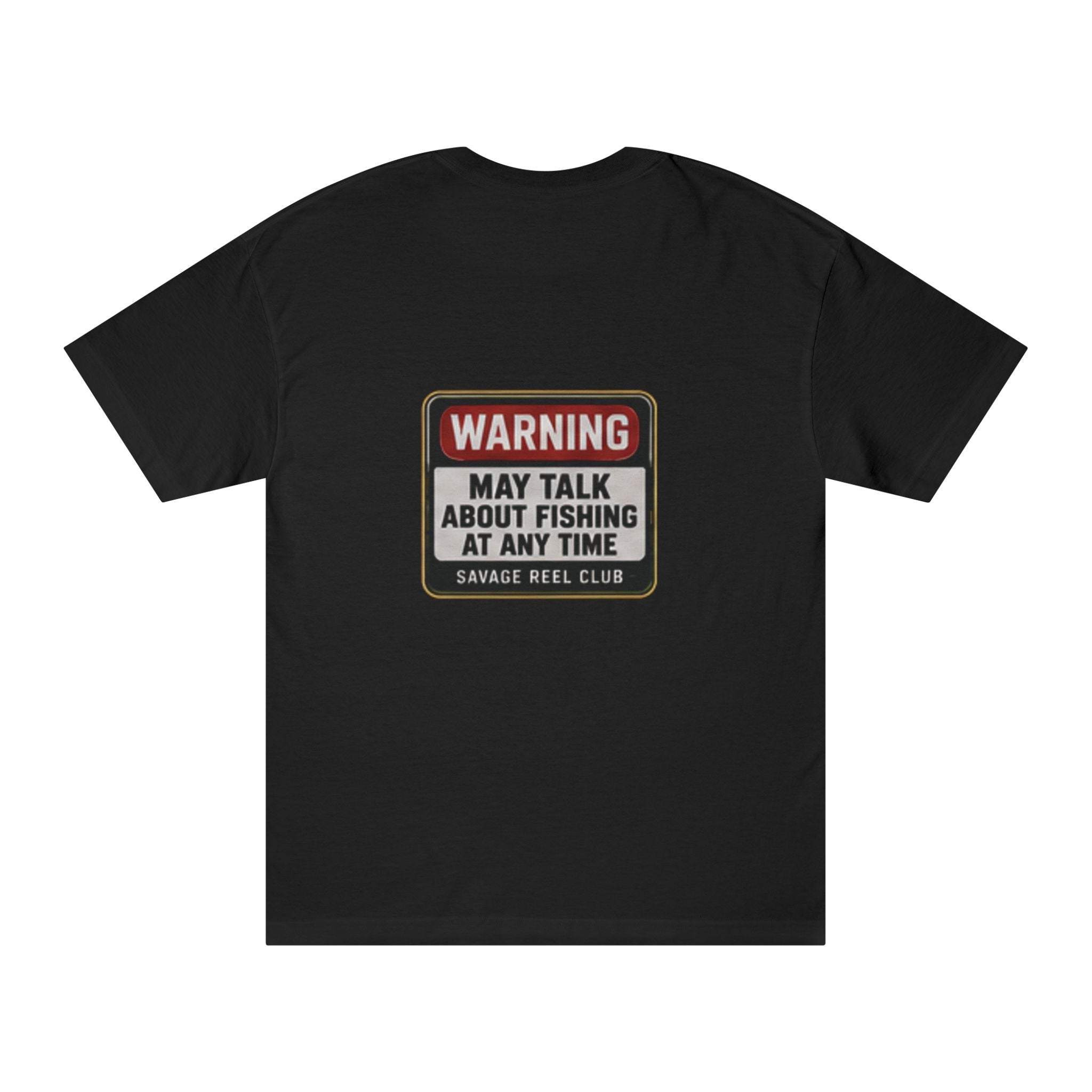 Men's fishing warning graphic T-shirt by Printify, with humorous "May Talk About Fishing At Any Time" design on soft cotton fabric.