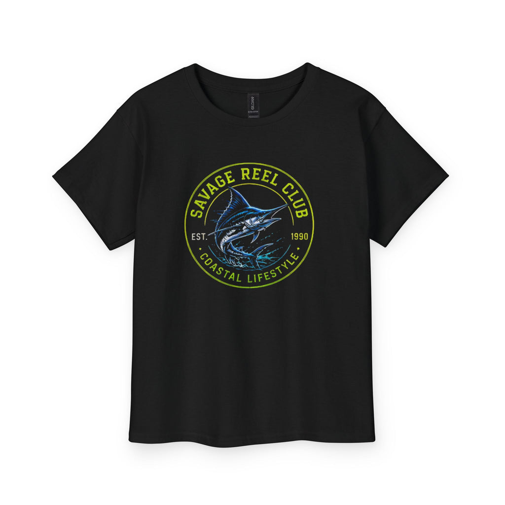 Kids Savage Reel Club Marlin Tee in vibrant colors, featuring a marlin graphic on soft cotton fabric, by Printify.
