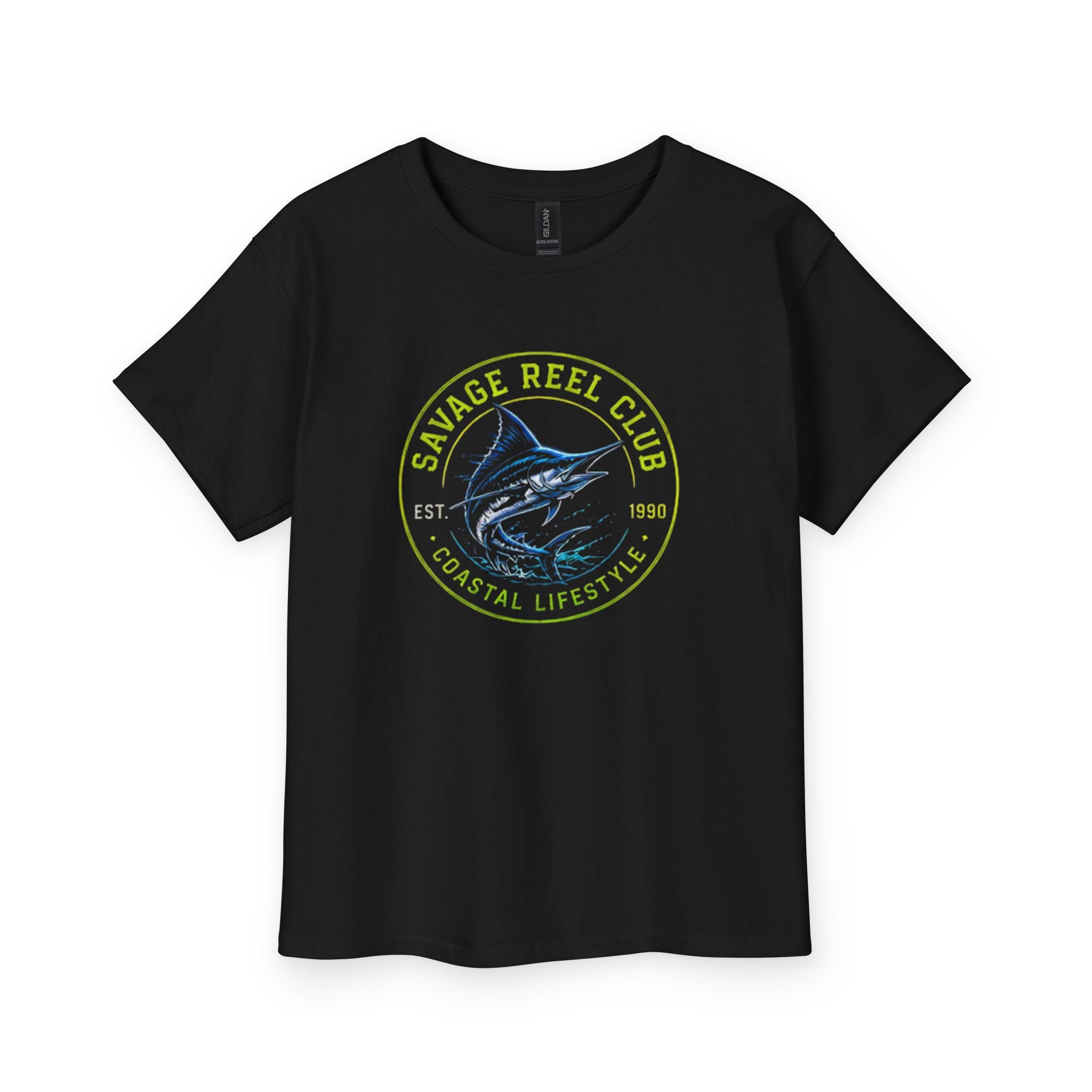 Kids Savage Reel Club Marlin Tee in vibrant colors, featuring a marlin graphic on soft cotton fabric, by Printify.