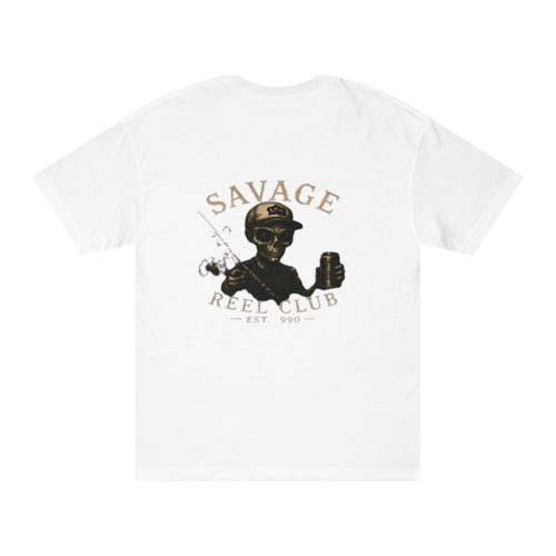 Black fishing T-shirt featuring a graphic of a savage skeleton design by Printify, casual wear for fishing enthusiasts.