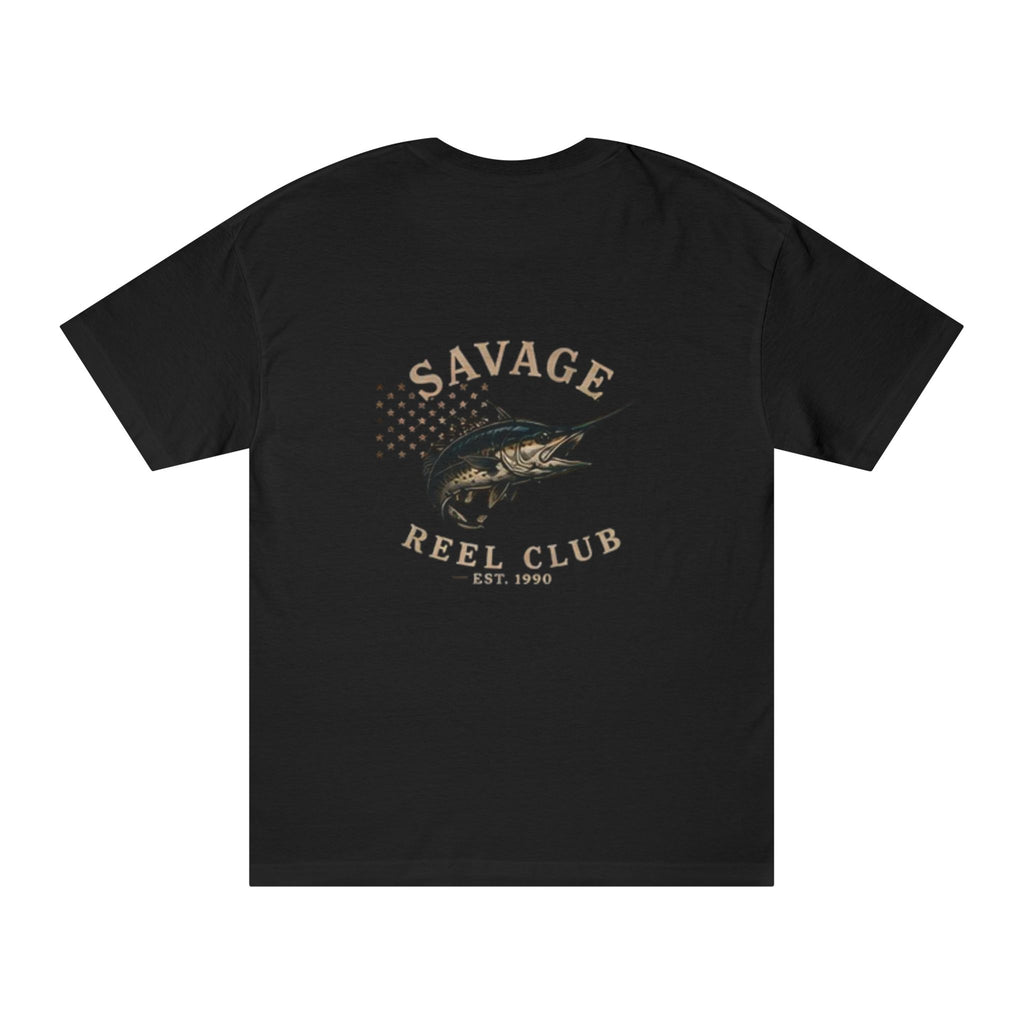 Marlin fishing T-shirt featuring Savage Reel Club logo, white print on a classic crewneck tee, casual style for fishing enthusiasts.