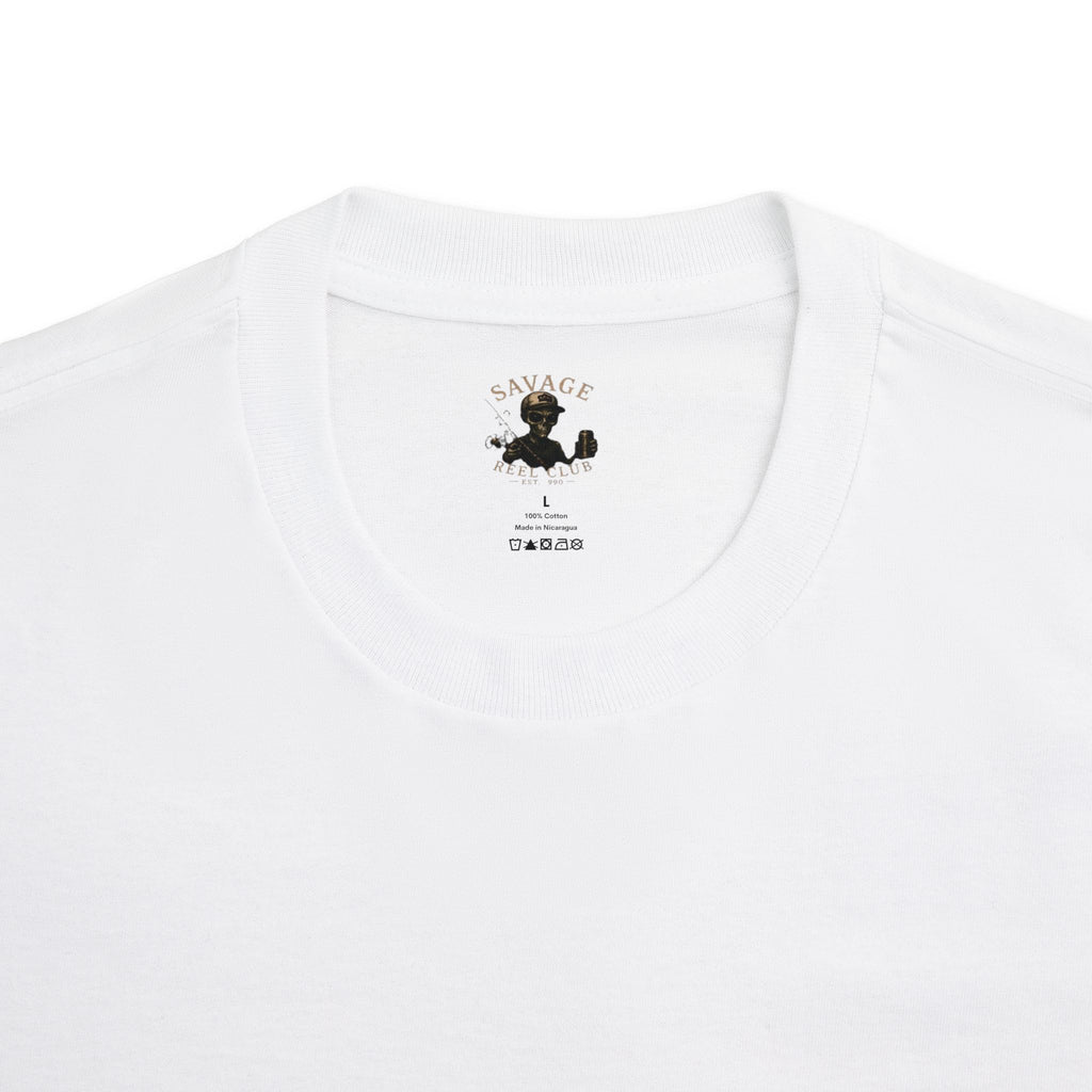 Savage Reel Club fishing T-shirt by Printify featuring a skull and crossed fishing rods graphic on front.
