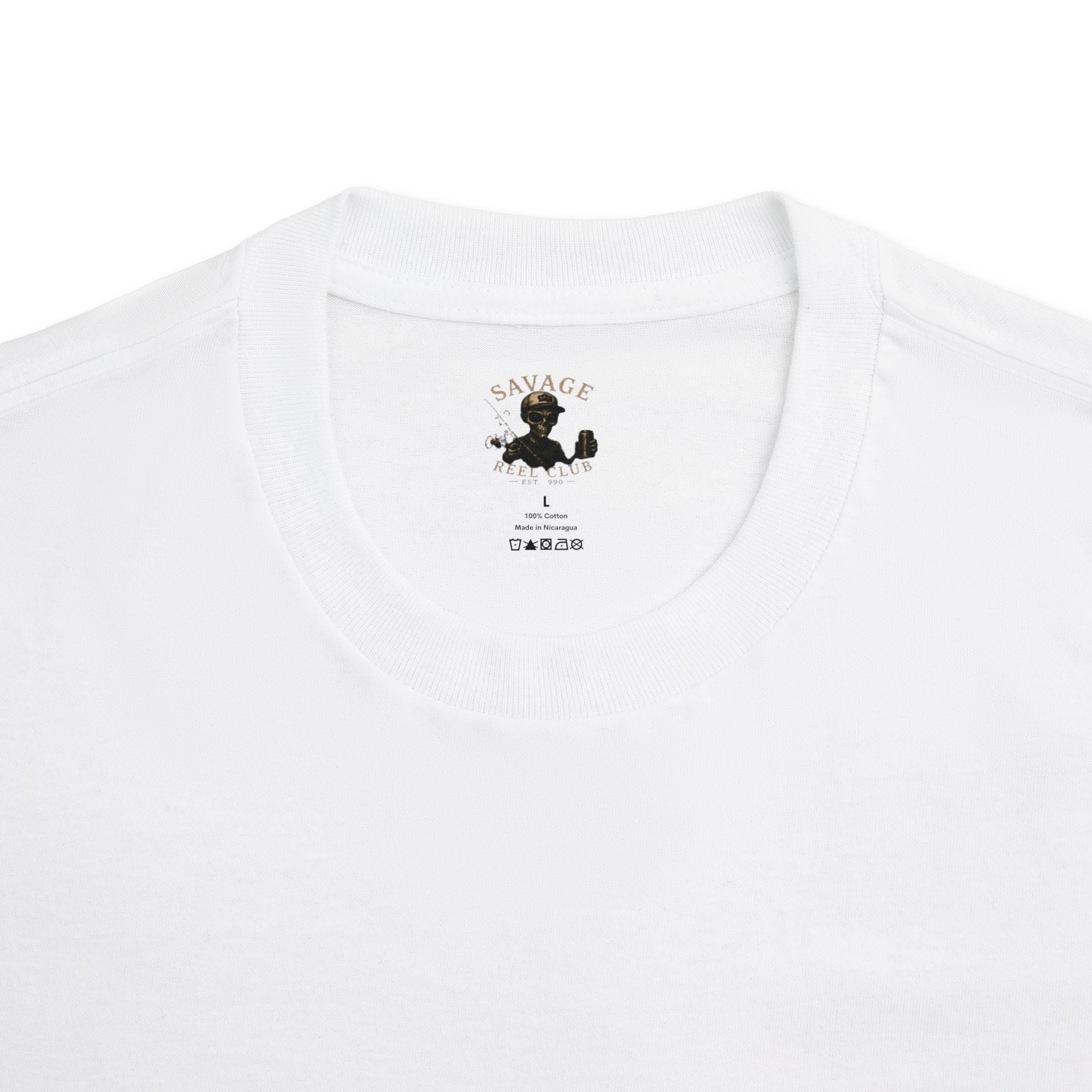Savage Reel Club fishing T-shirt by Printify featuring a skull and crossed fishing rods graphic on front.