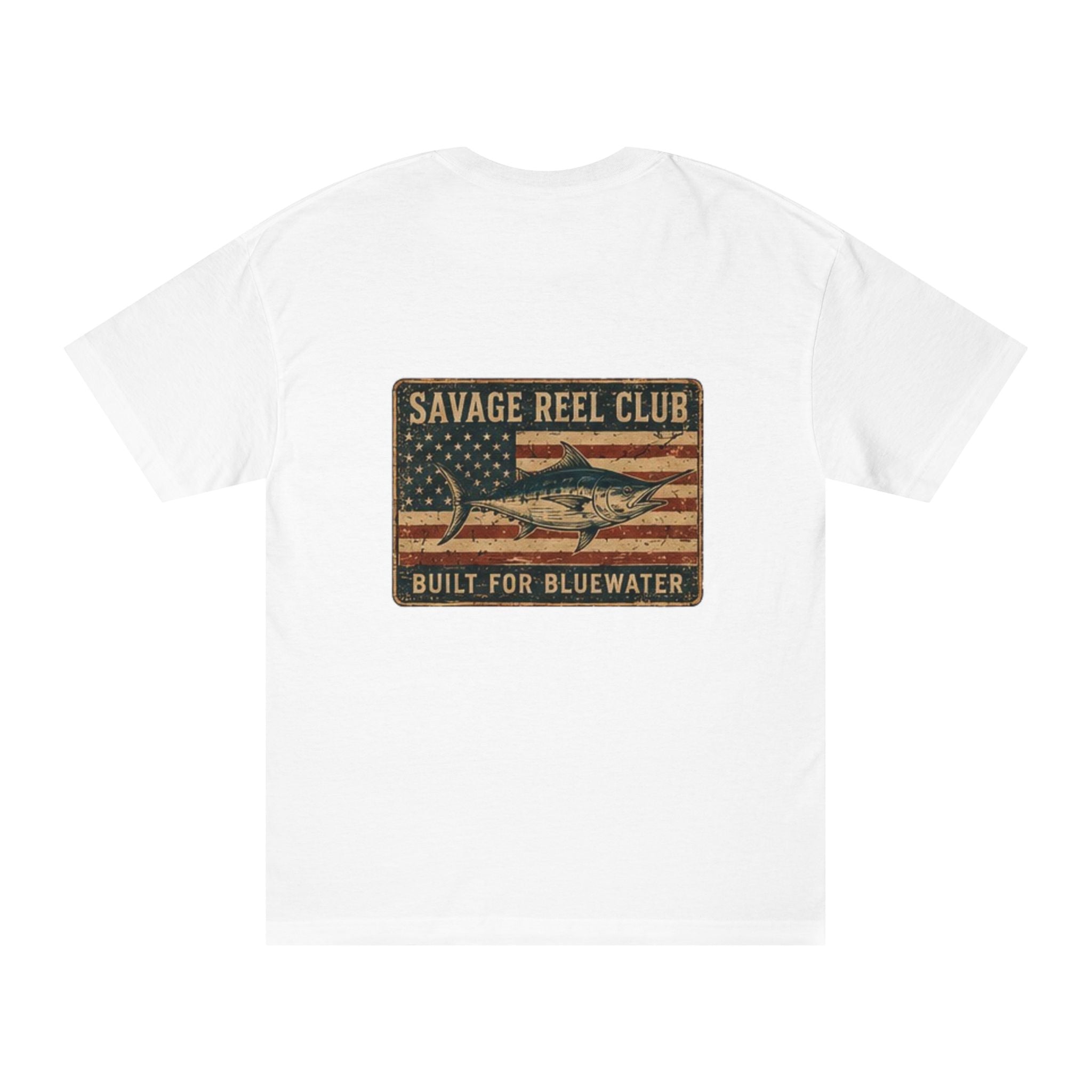 Bluewater patriotic fishing T-shirt by Printify featuring the Savage Reel Club logo and nautical design on soft fabric.