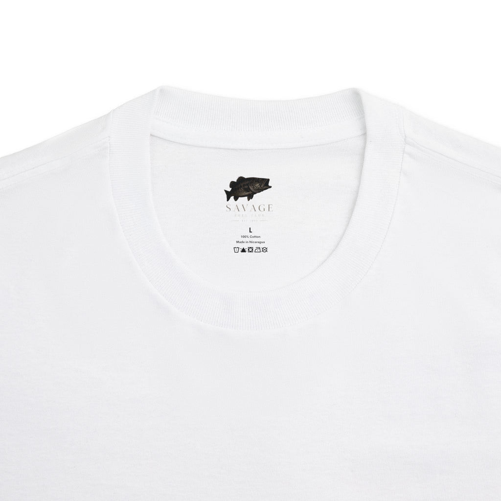 Vintage Savage Reel Club whale tail fishing T-shirt by Printify featuring ocean-themed graphic on soft cotton fabric.