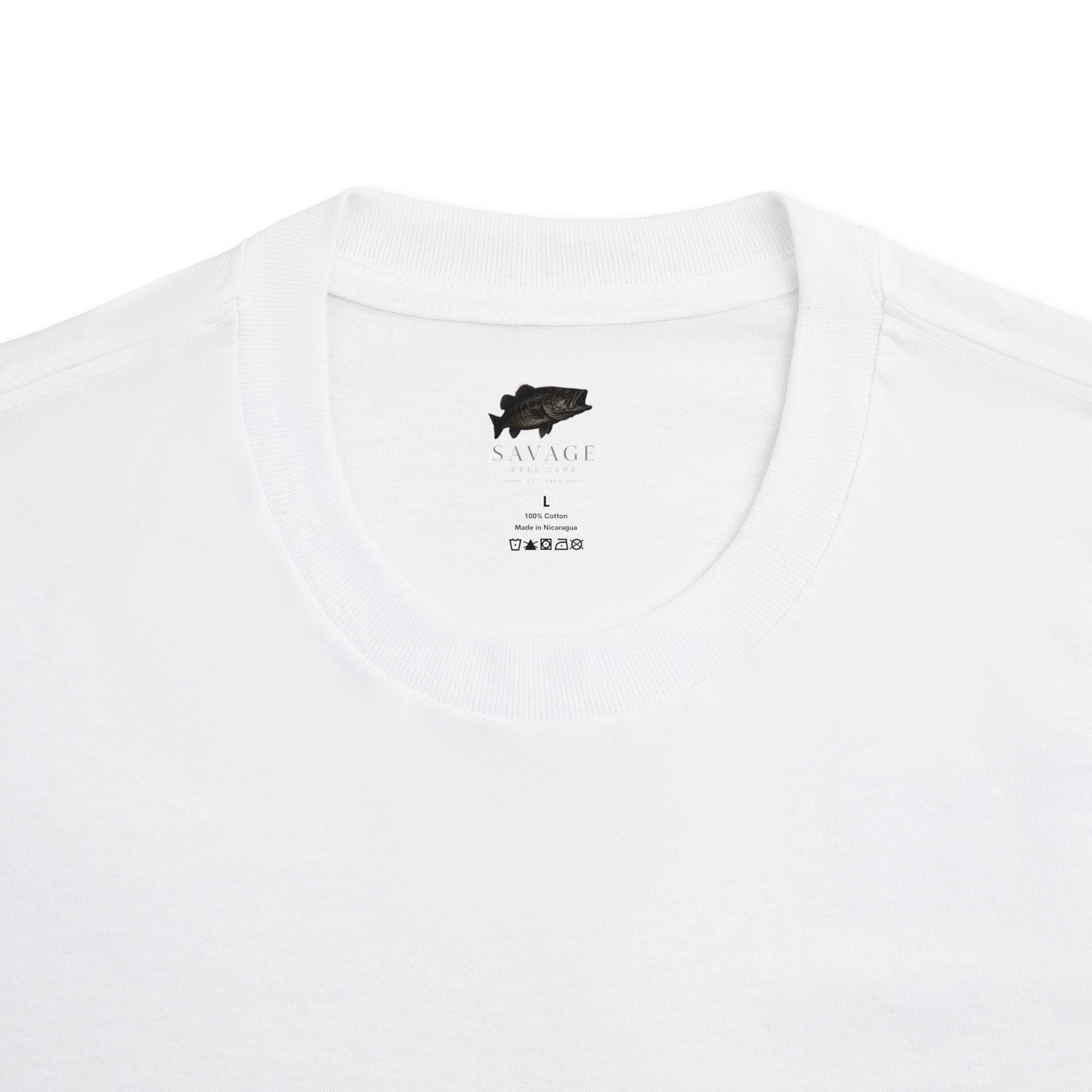 Vintage Savage Reel Club whale tail fishing T-shirt by Printify featuring ocean-themed graphic on soft cotton fabric.
